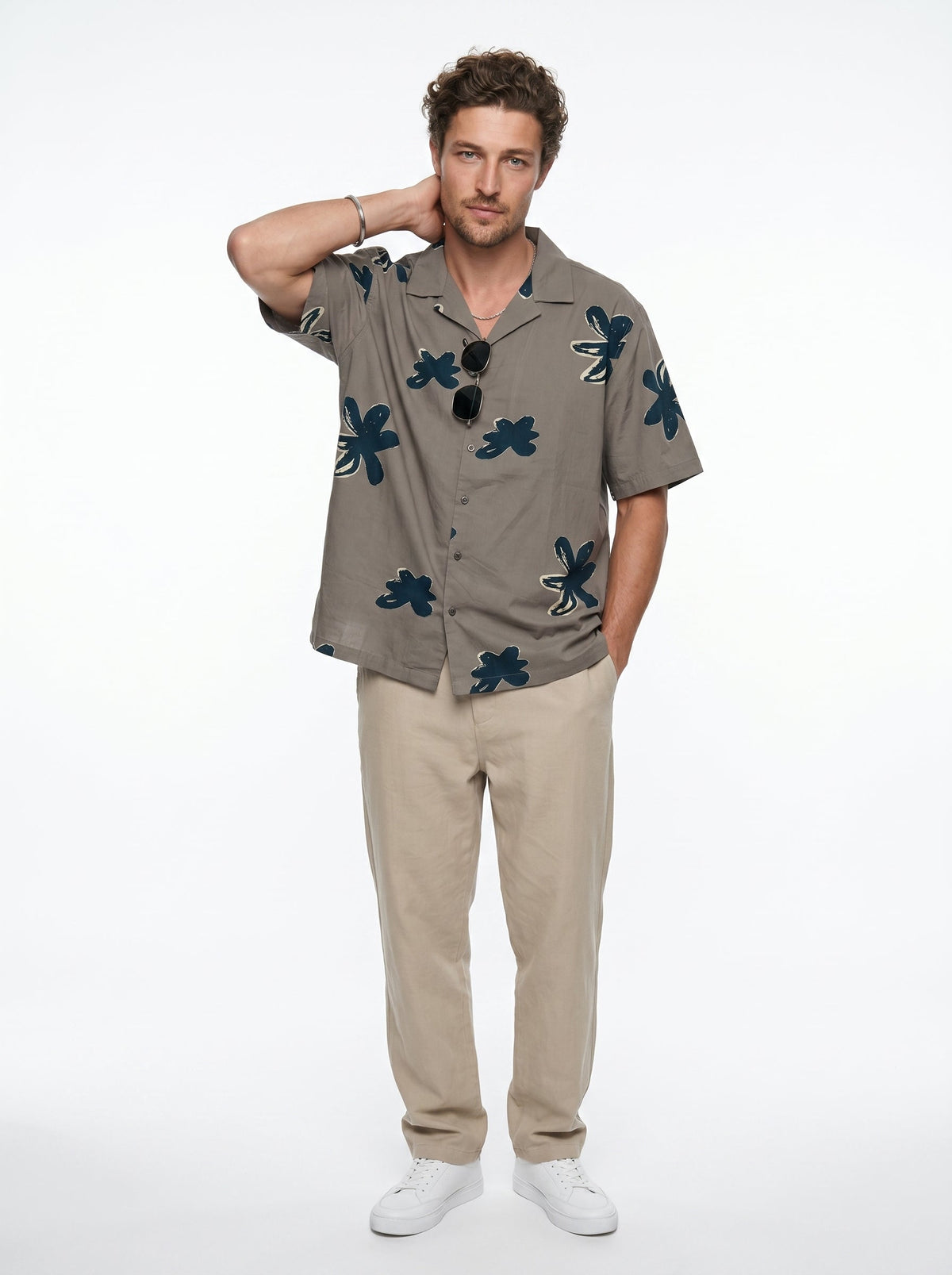 Grey Floral Print Cuban Collar Cotton Shirt For Men