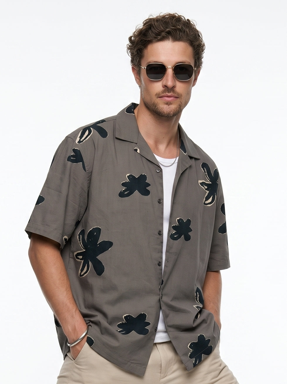 Grey Floral Print Cuban Collar Cotton Shirt For Men