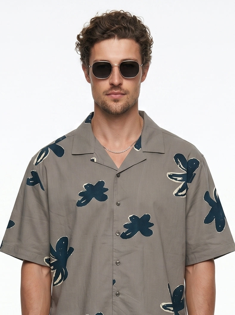 Grey Floral Print Cuban Collar Cotton Shirt For Men
