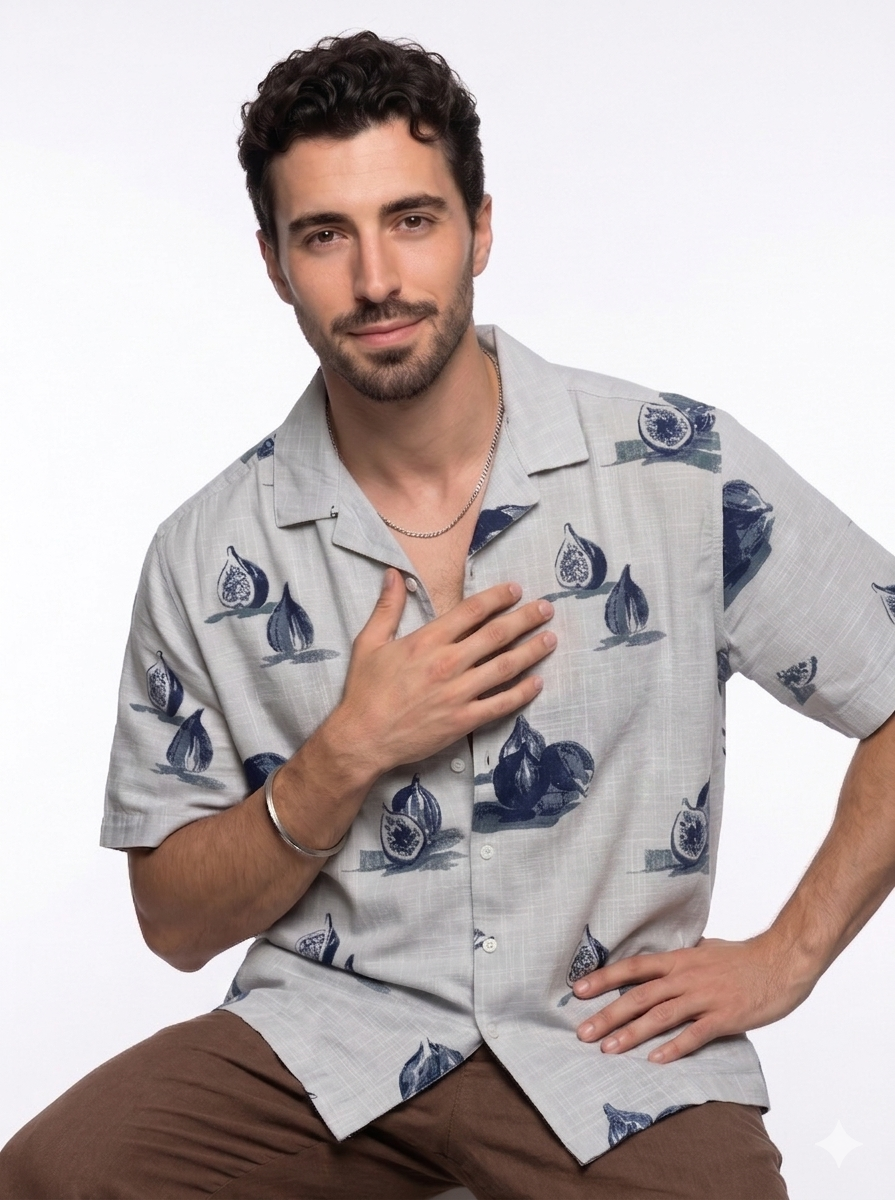 Blue Conversational Print Cotton Cuban Collar Oversized Shirt For Men