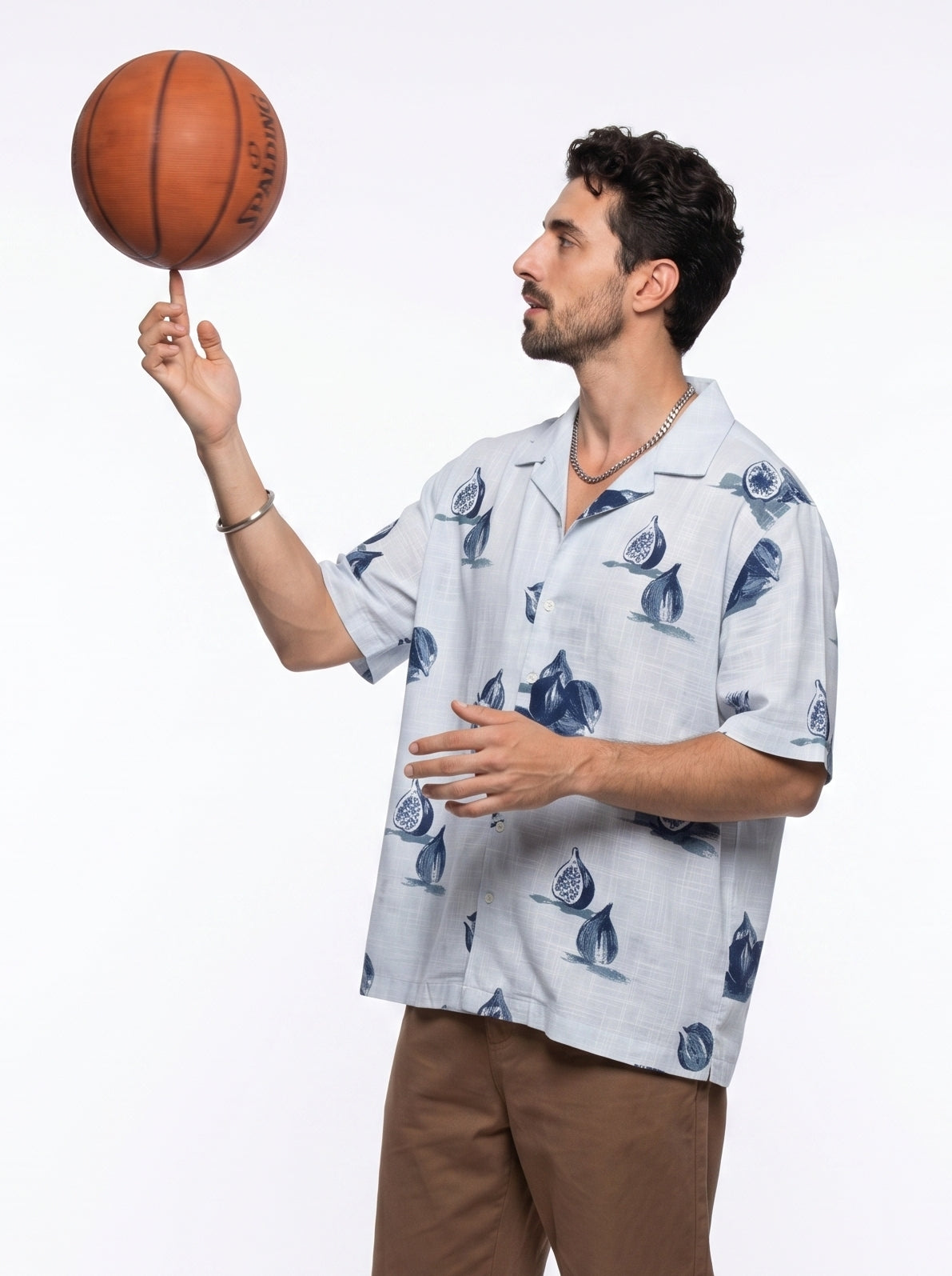 Blue Conversational Print Cotton Cuban Collar Oversized Shirt For Men