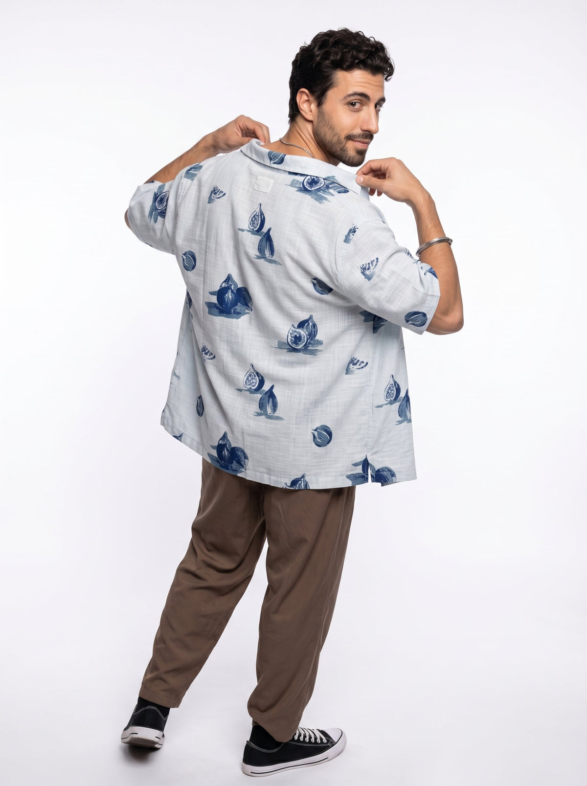 Blue Conversational Print Cotton Cuban Collar Oversized Shirt For Men