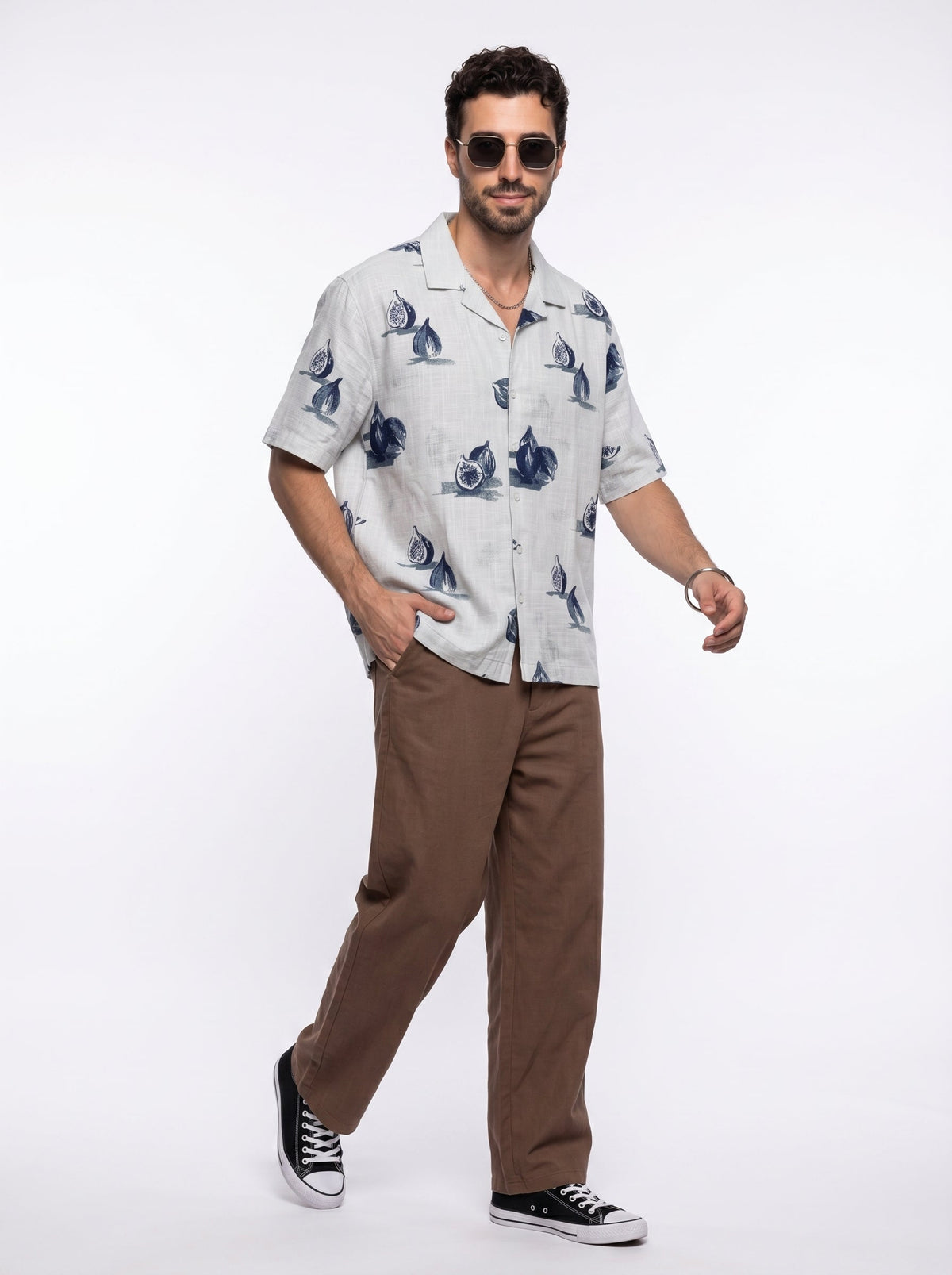 Blue Conversational Print Cotton Cuban Collar Oversized Shirt For Men