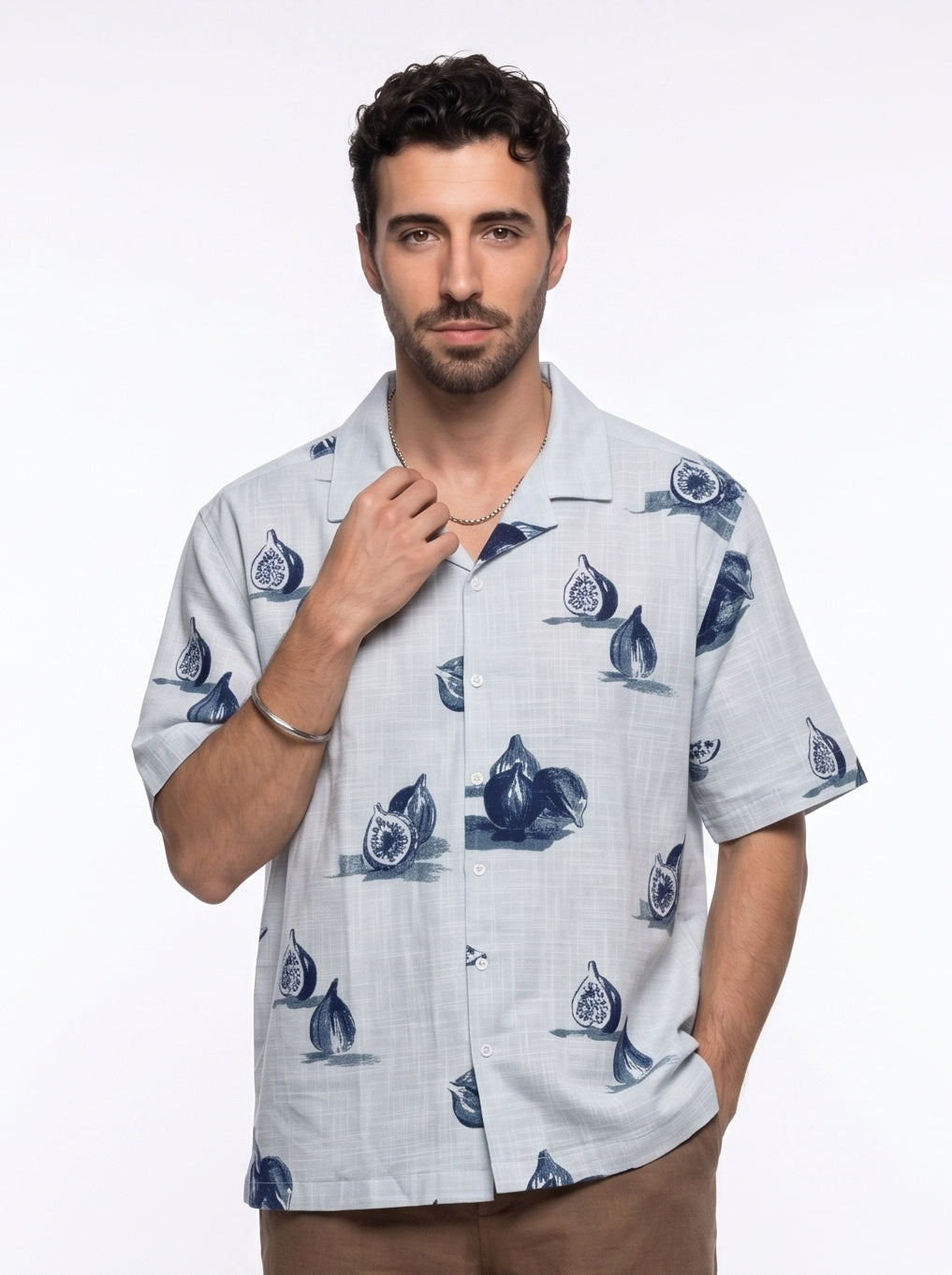 Blue Conversational Print Cotton Cuban Collar Oversized Shirt For Men