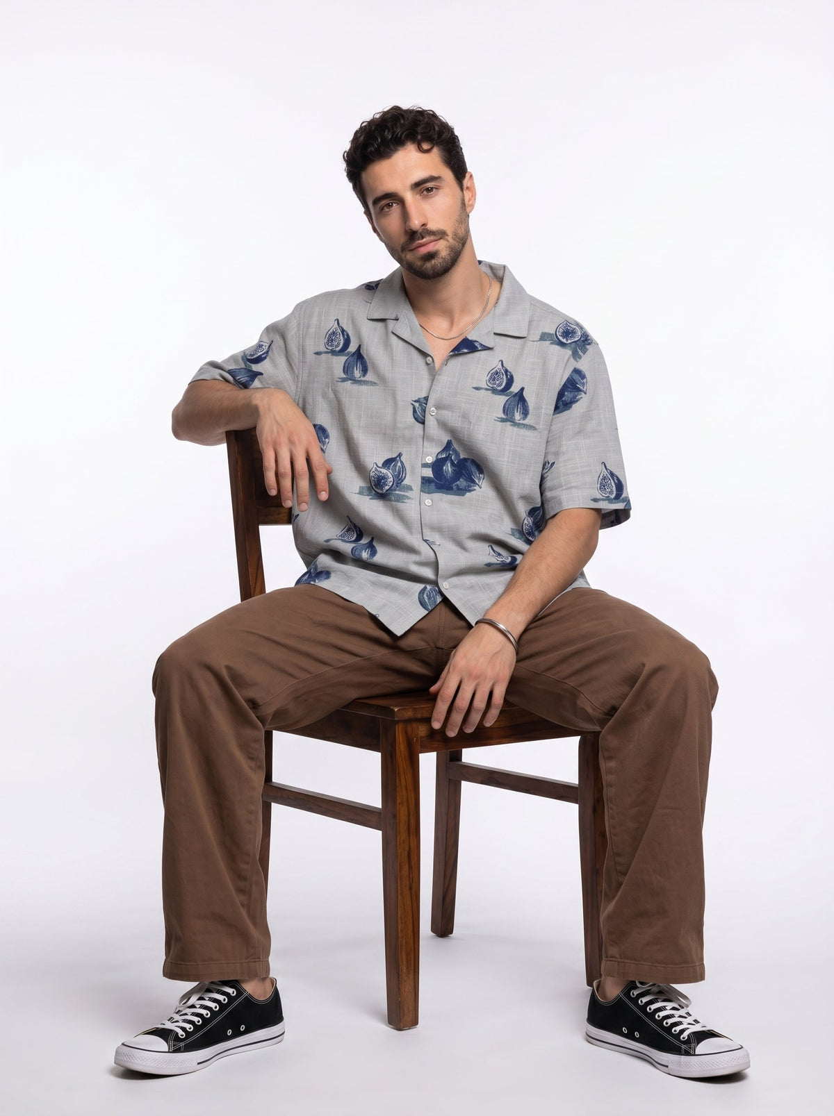 Blue Conversational Print Cotton Cuban Collar Oversized Shirt For Men