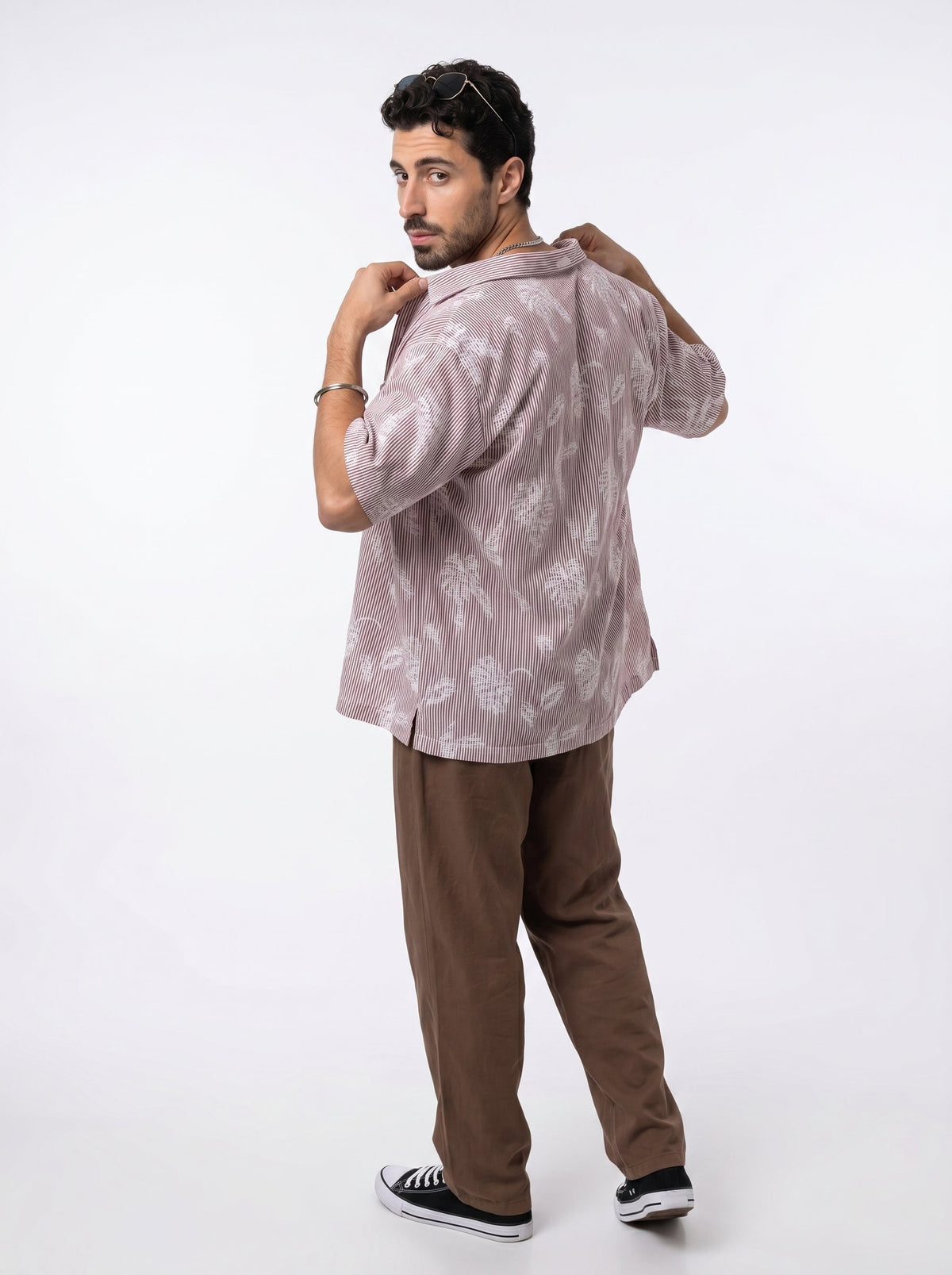 Rust Floral Striped Cuban Collar Handloom Cotton Oversized Shirt For Men