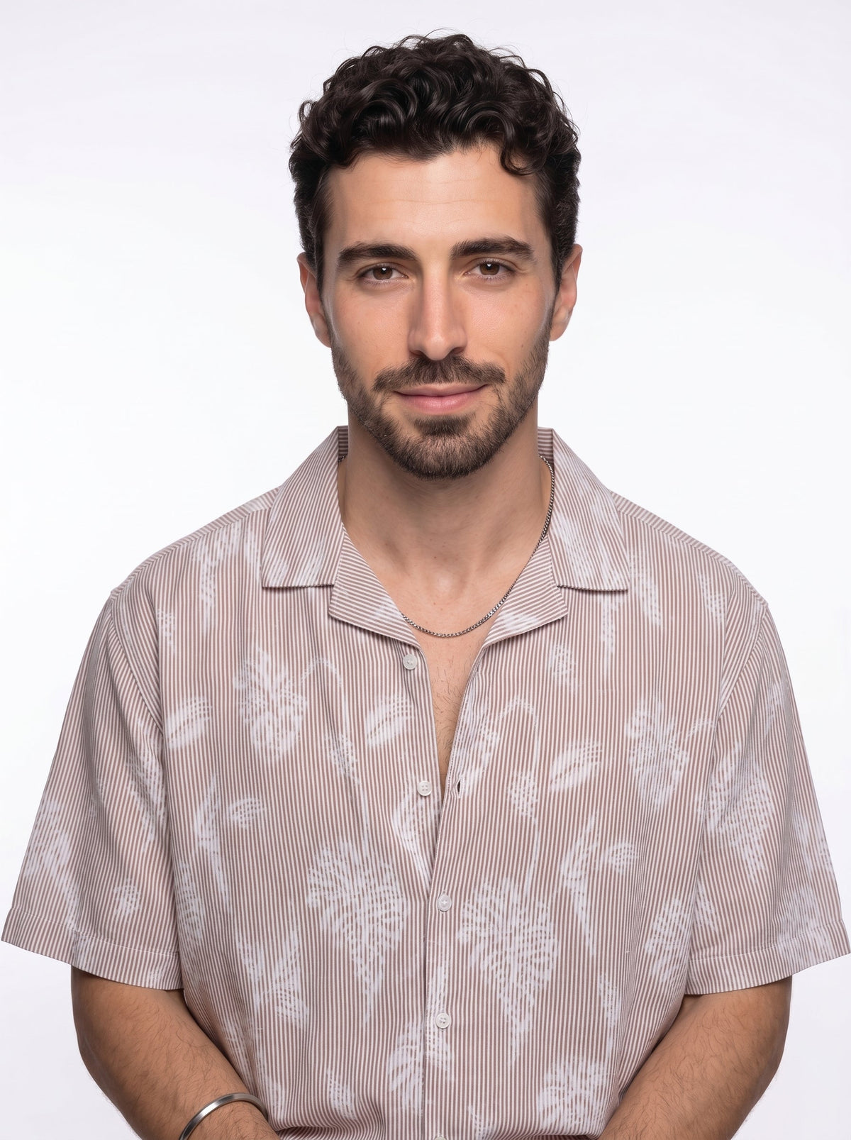 Rust Floral Striped Cuban Collar Handloom Cotton Oversized Shirt For Men