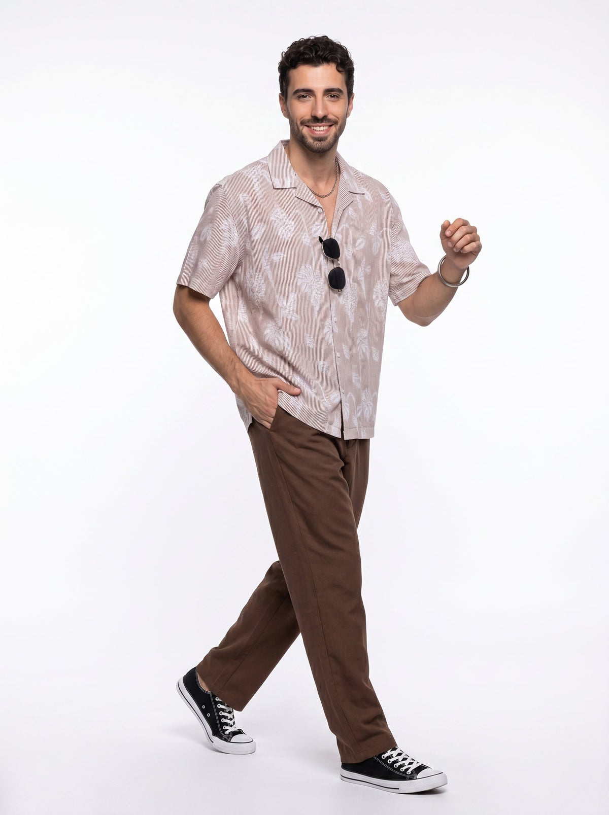Rust Floral Striped Cuban Collar Handloom Cotton Oversized Shirt For Men