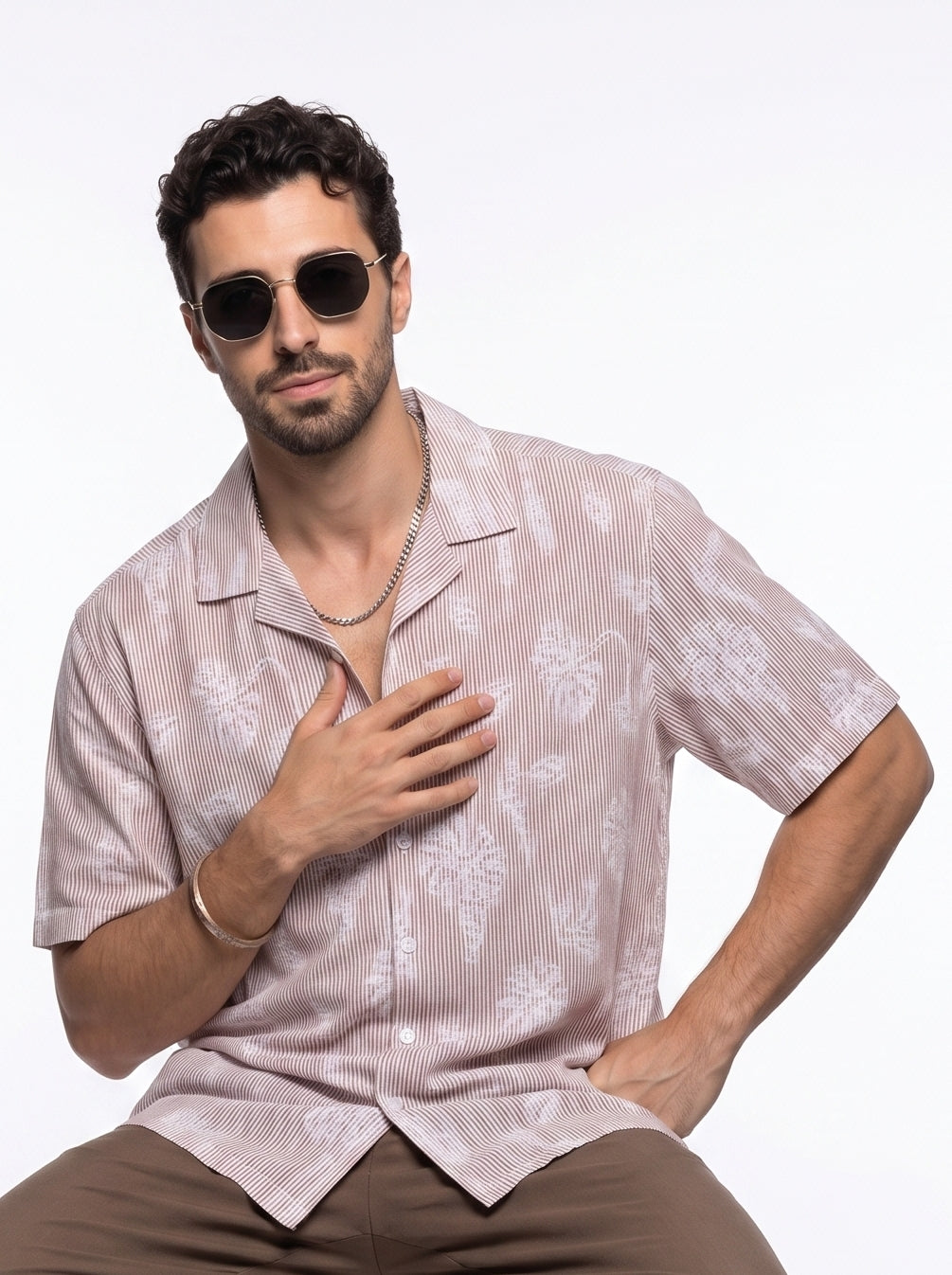 Rust Floral Striped Cuban Collar Handloom Cotton Oversized Shirt For Men