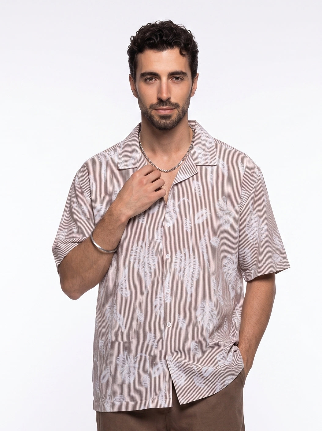 Rust Floral Striped Cuban Collar Handloom Cotton Oversized Shirt For Men
