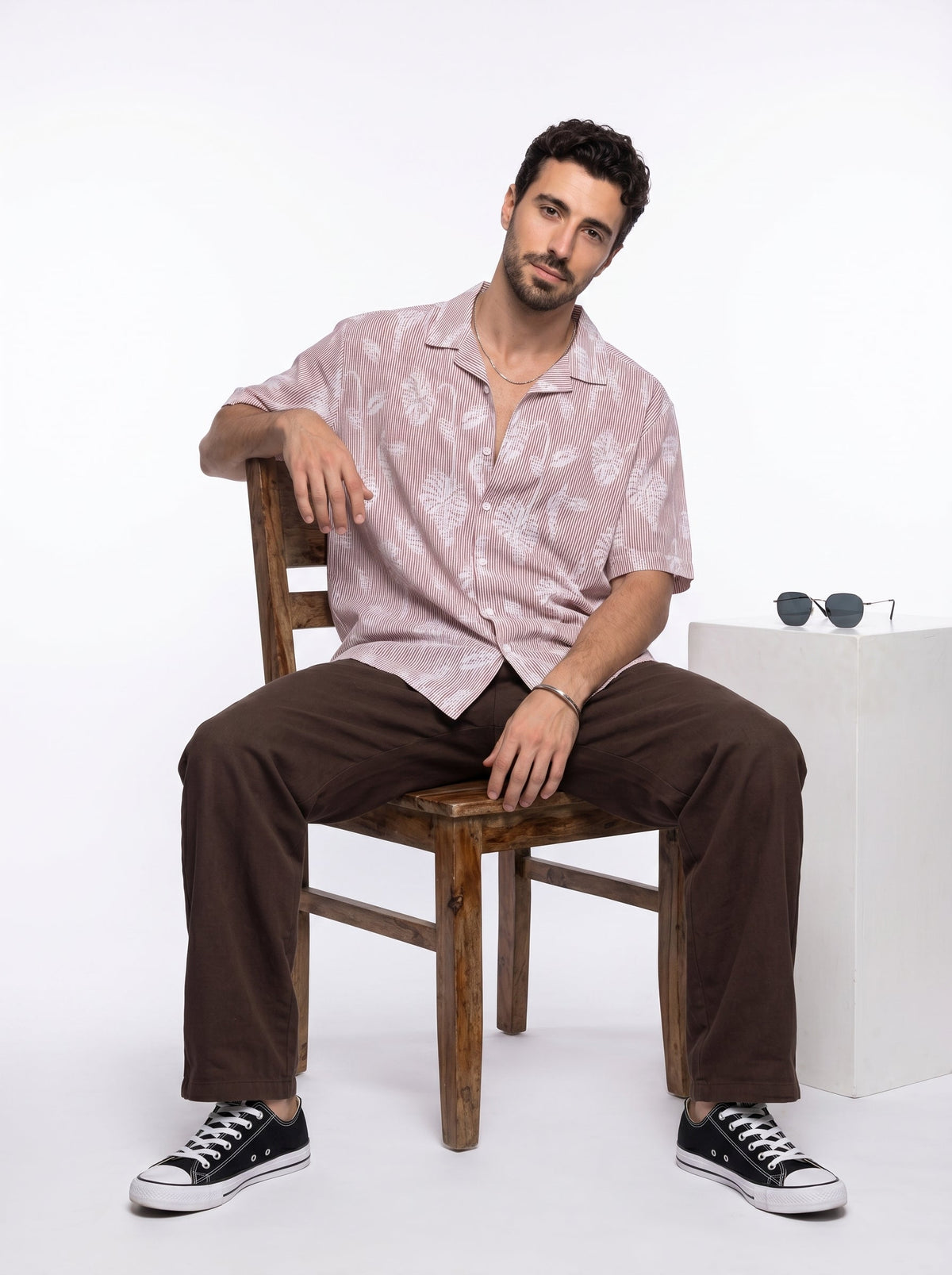 Rust Floral Striped Cuban Collar Handloom Cotton Oversized Shirt For Men