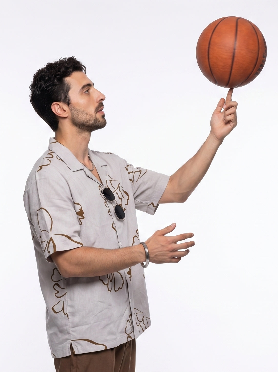 Beige Floral Print Pure Cotton Cuban Collar Oversized Shirt For Men