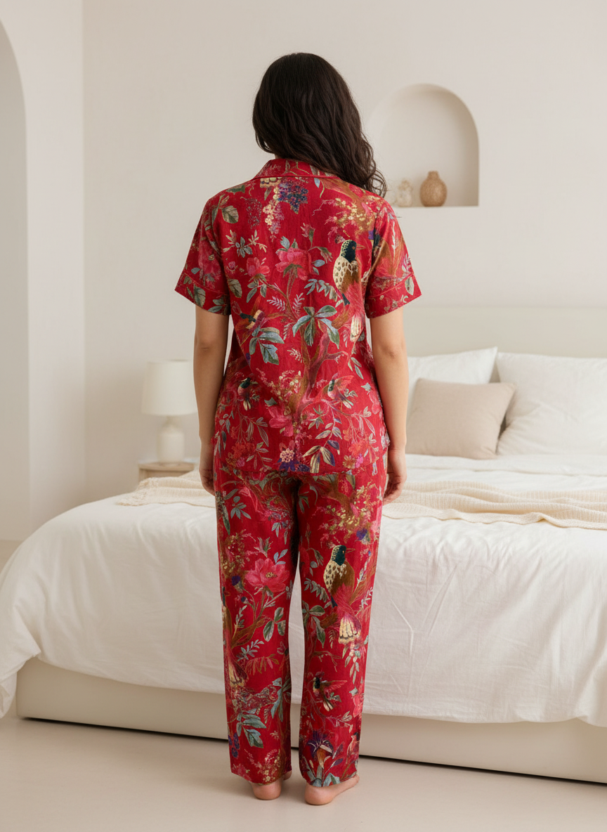 Red Cotton Floral Printed Christmas Night Suit Set for Women