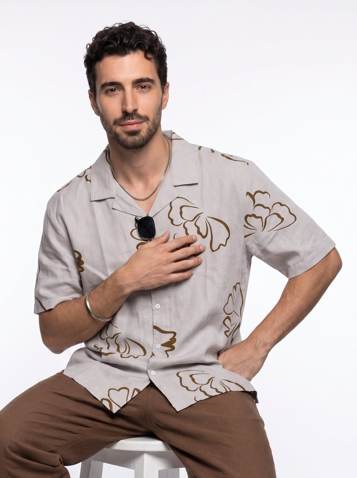 Beige Floral Print Pure Cotton Cuban Collar Oversized Shirt For Men