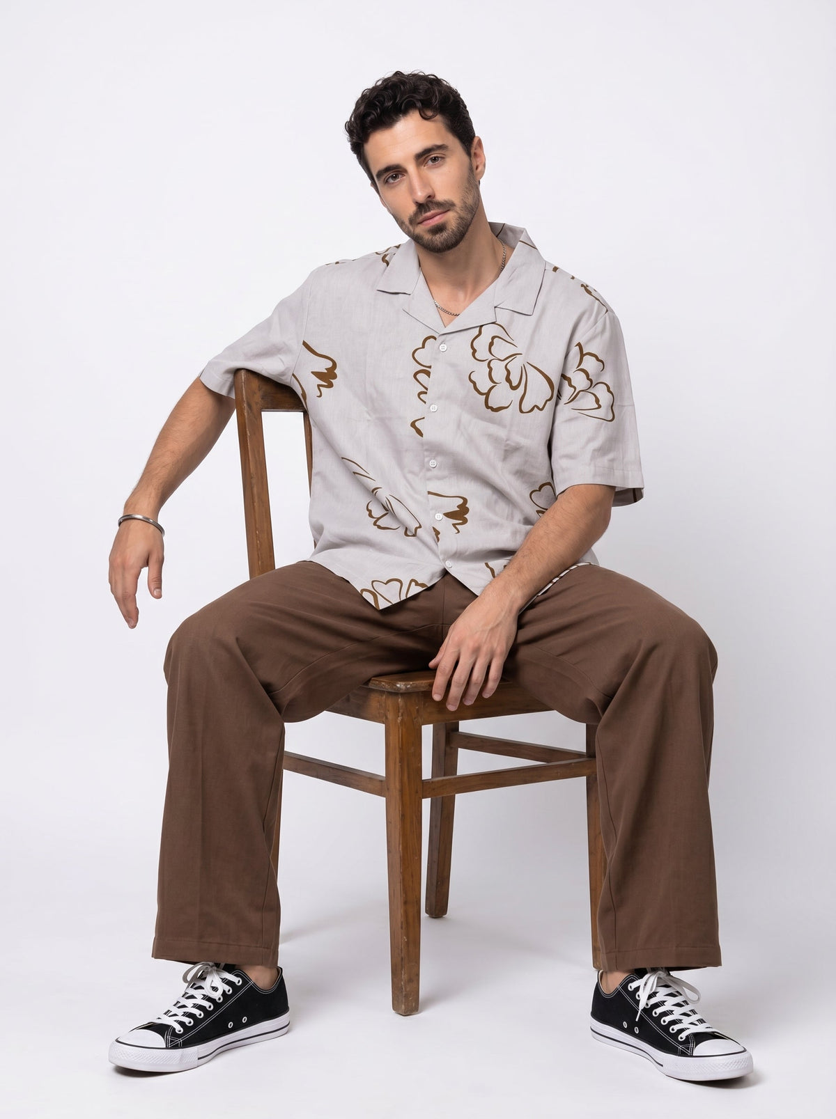 Beige Floral Print Pure Cotton Cuban Collar Oversized Shirt For Men