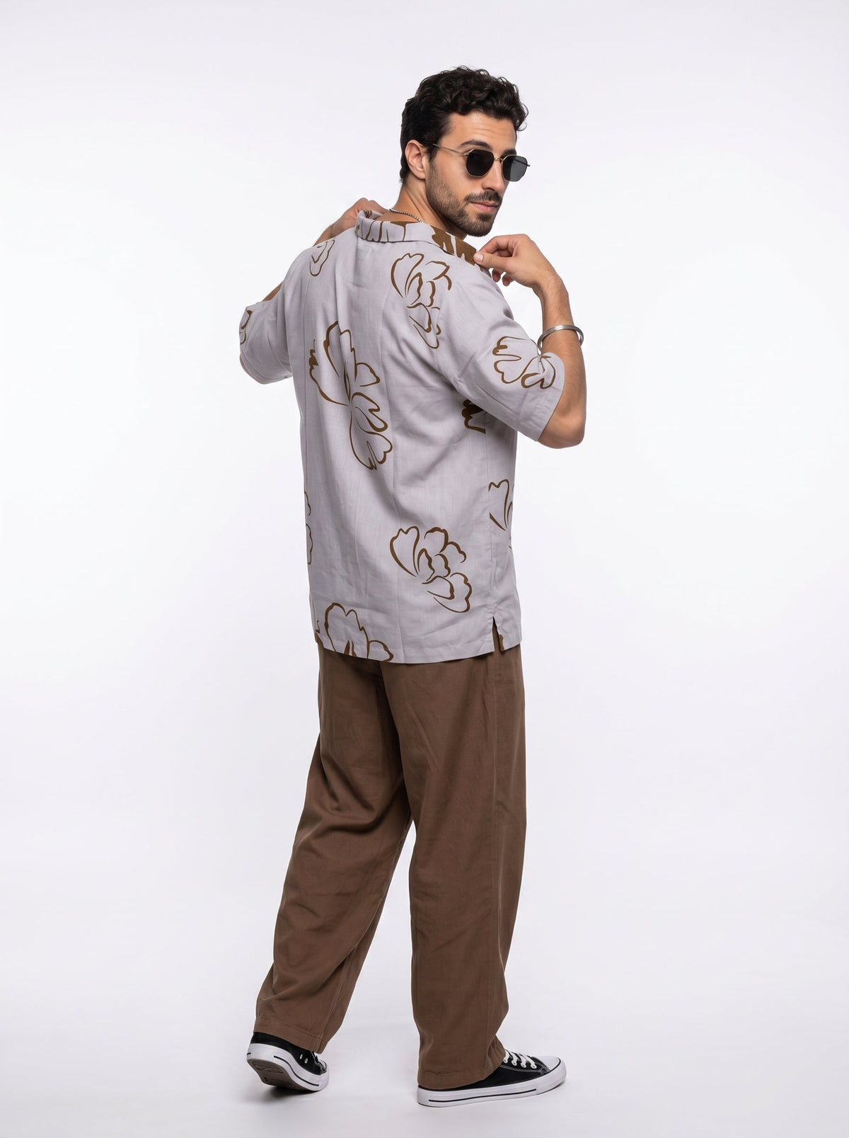 Beige Floral Print Pure Cotton Cuban Collar Oversized Shirt For Men