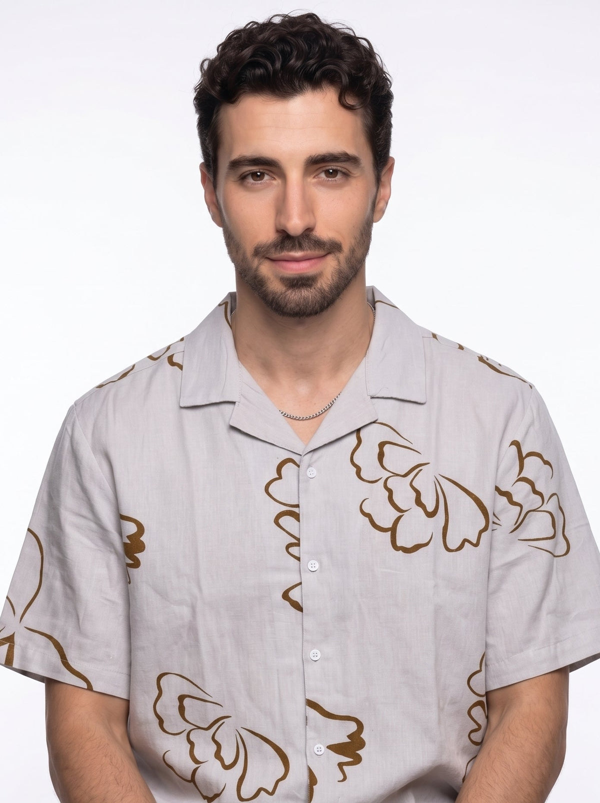 Beige Floral Print Pure Cotton Cuban Collar Oversized Shirt For Men