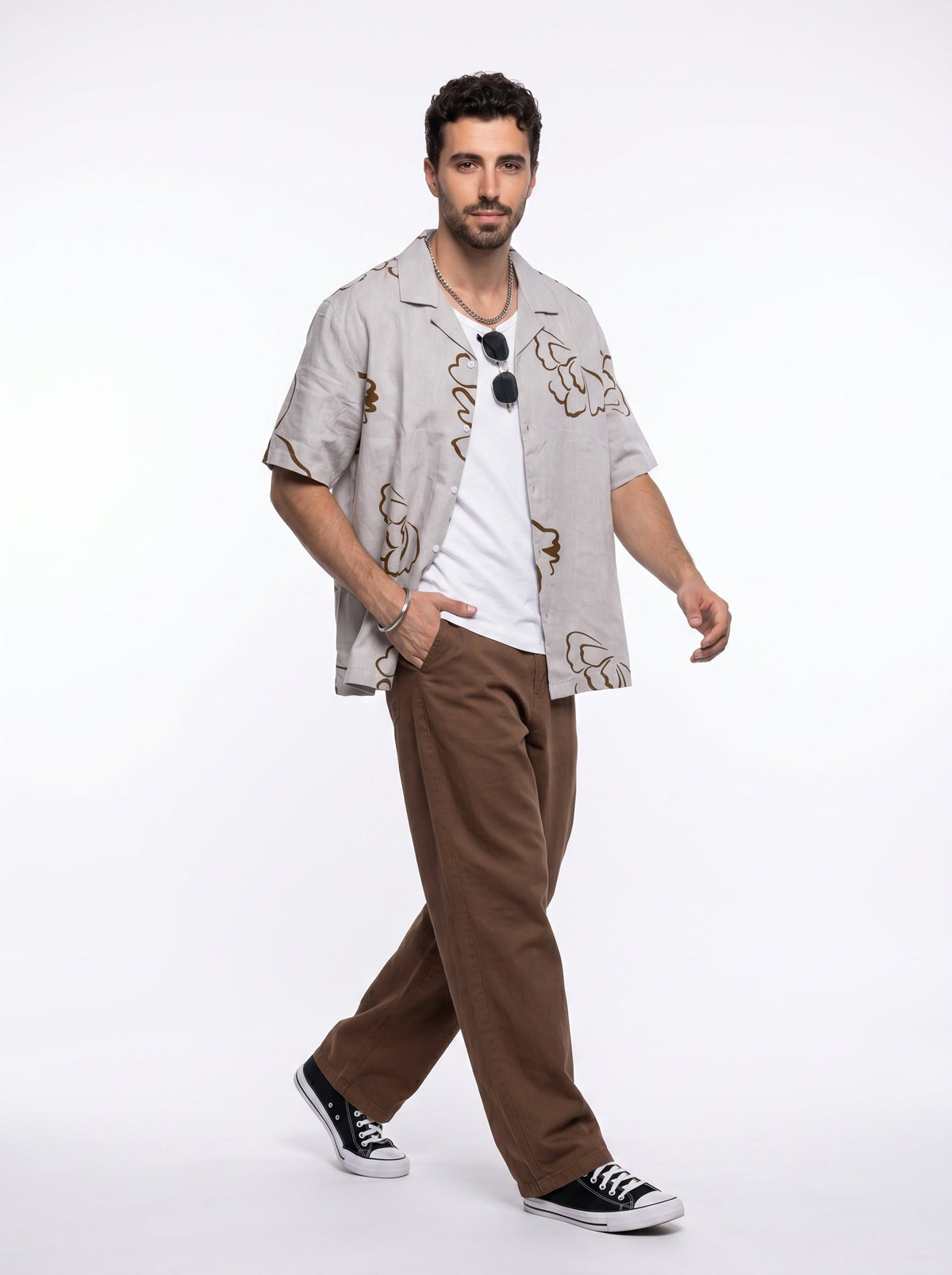 Beige Floral Print Pure Cotton Cuban Collar Oversized Shirt For Men