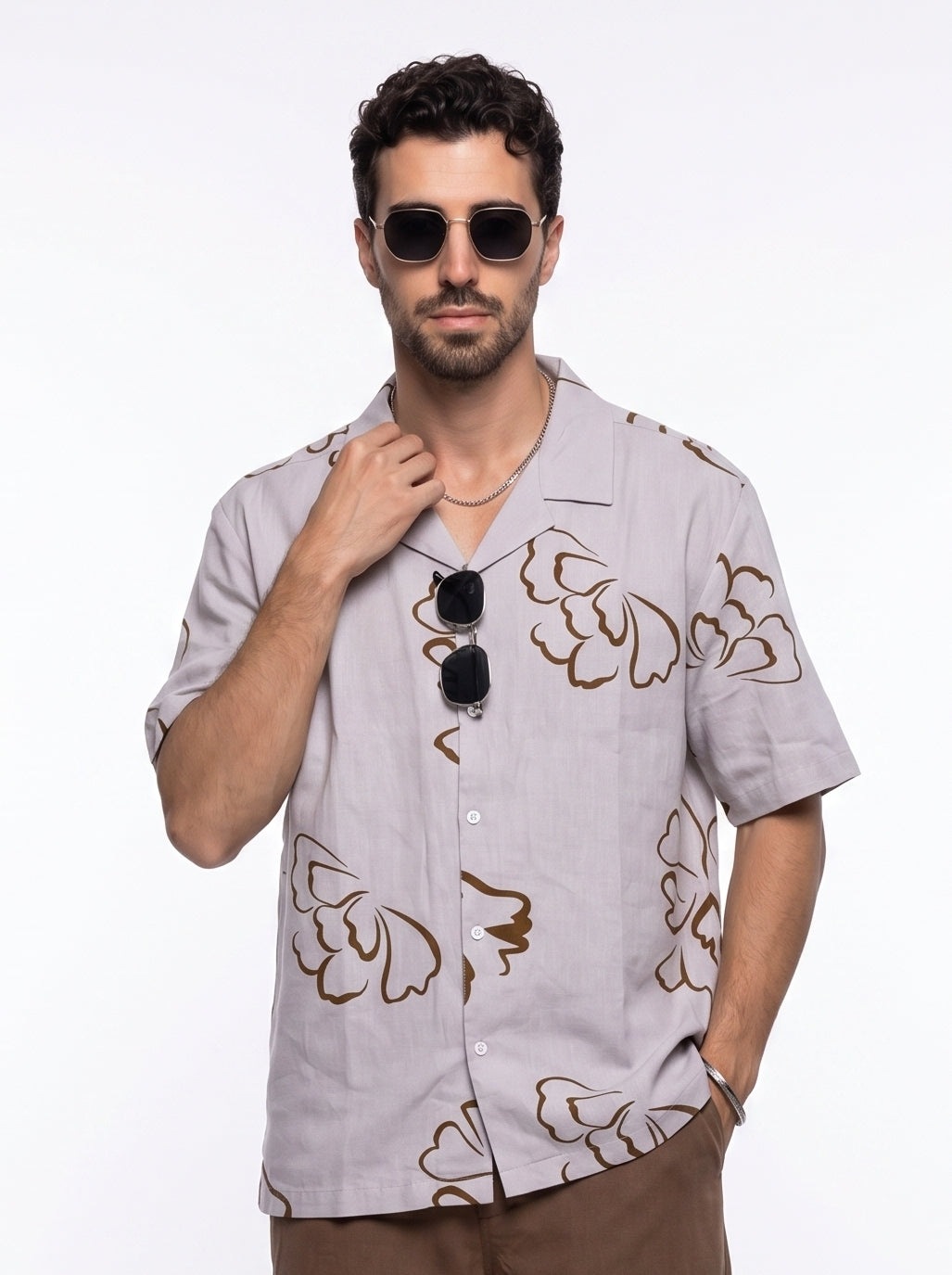 Beige Floral Print Pure Cotton Cuban Collar Oversized Shirt For Men
