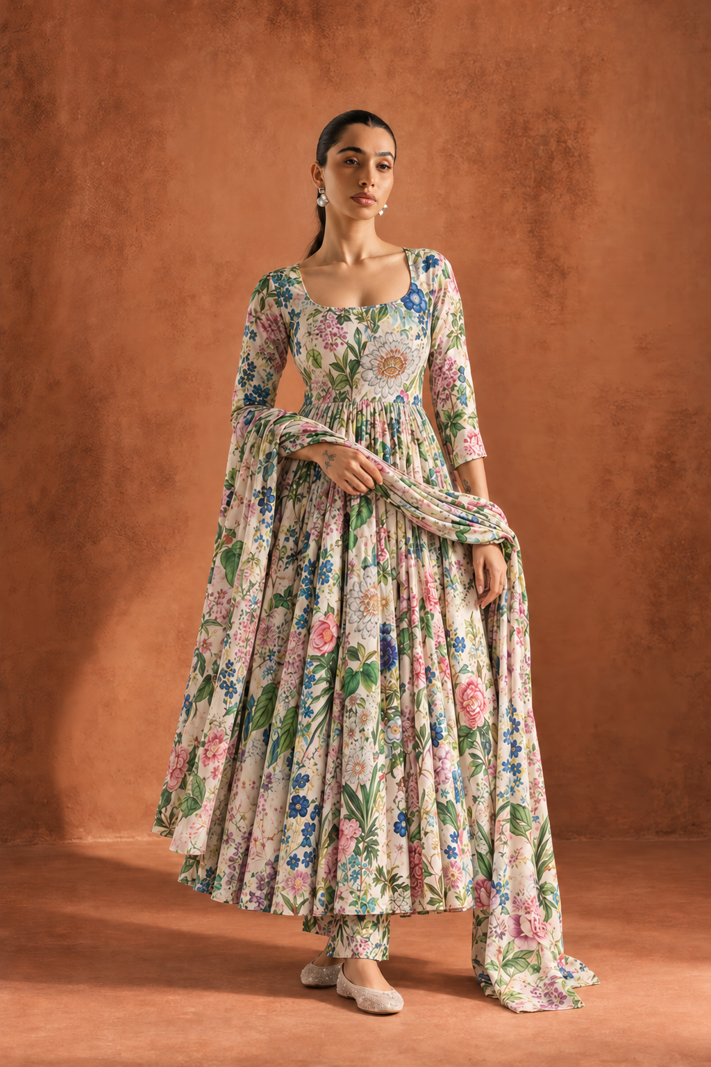 White & Pink Floral Print Round Neck Anarkali Kurta With Dupatta Set