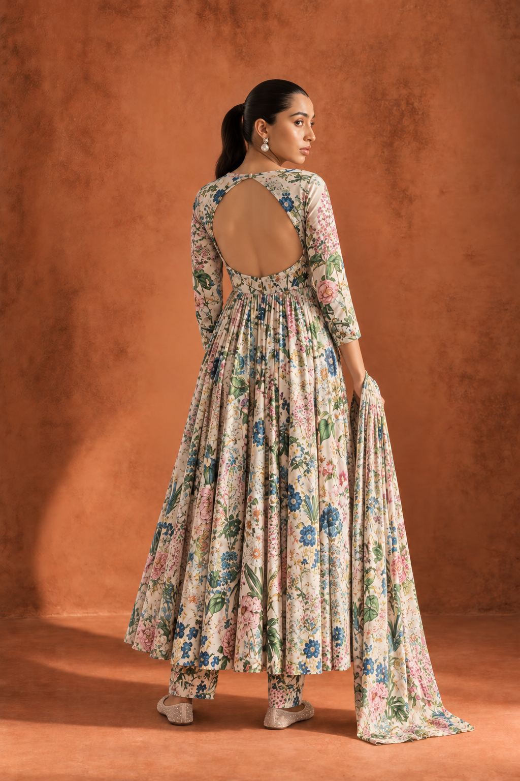White & Pink Floral Print Round Neck Anarkali Kurta With Dupatta Set
