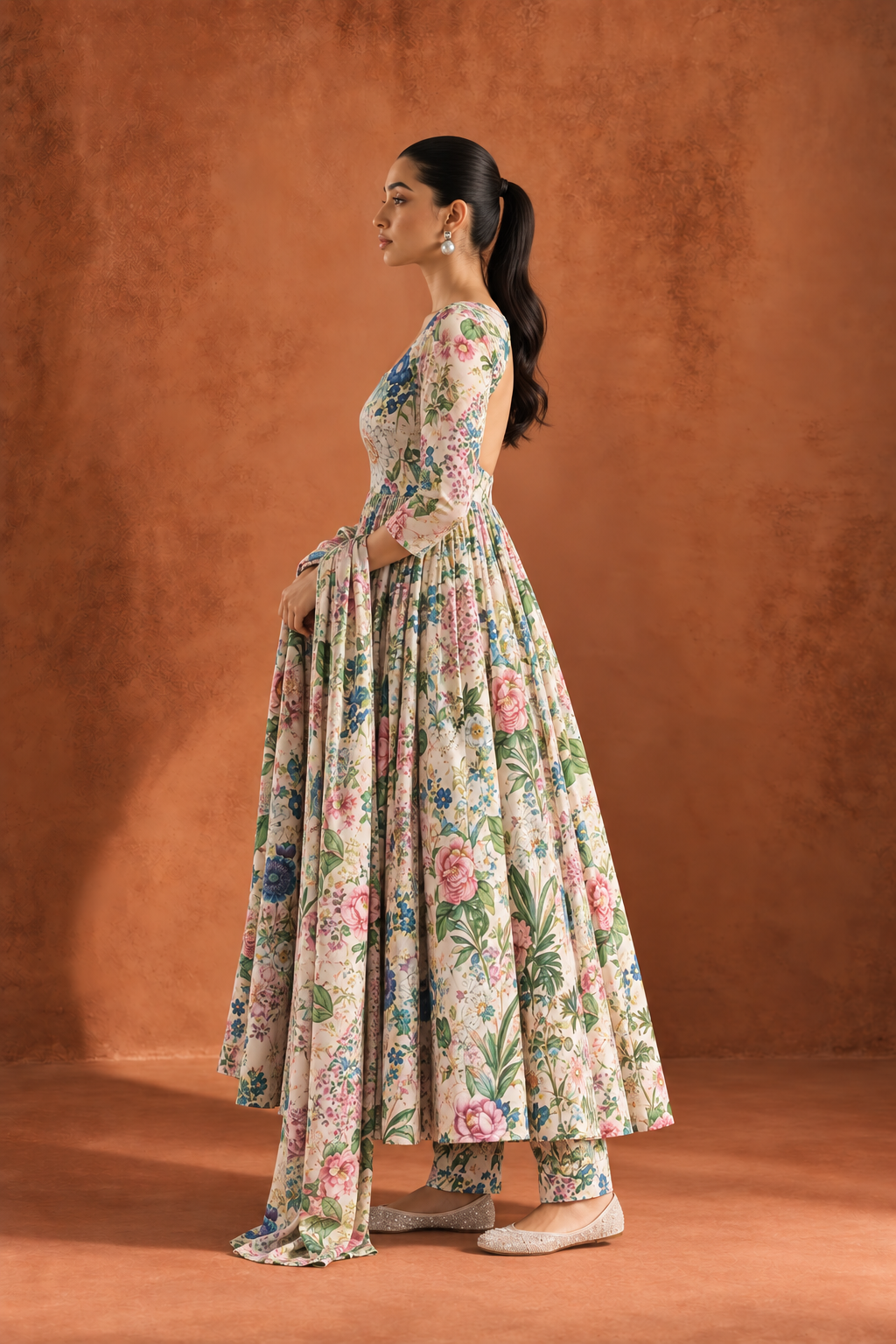 White & Pink Floral Print Round Neck Anarkali Kurta With Dupatta Set