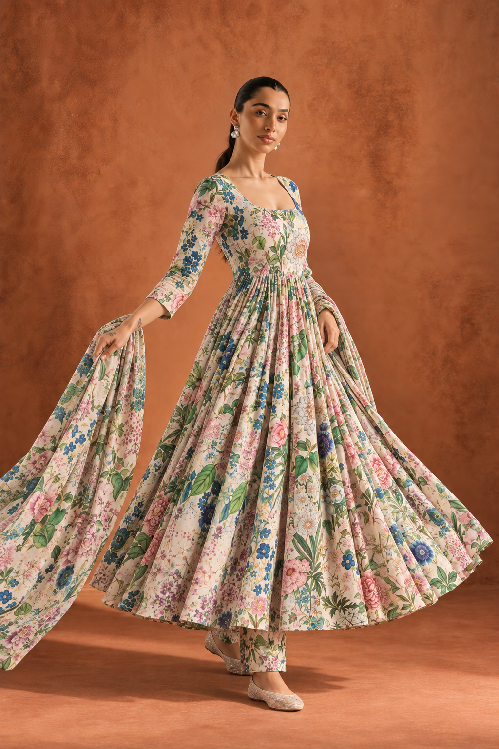 White & Pink Floral Print Round Neck Anarkali Kurta With Dupatta Set