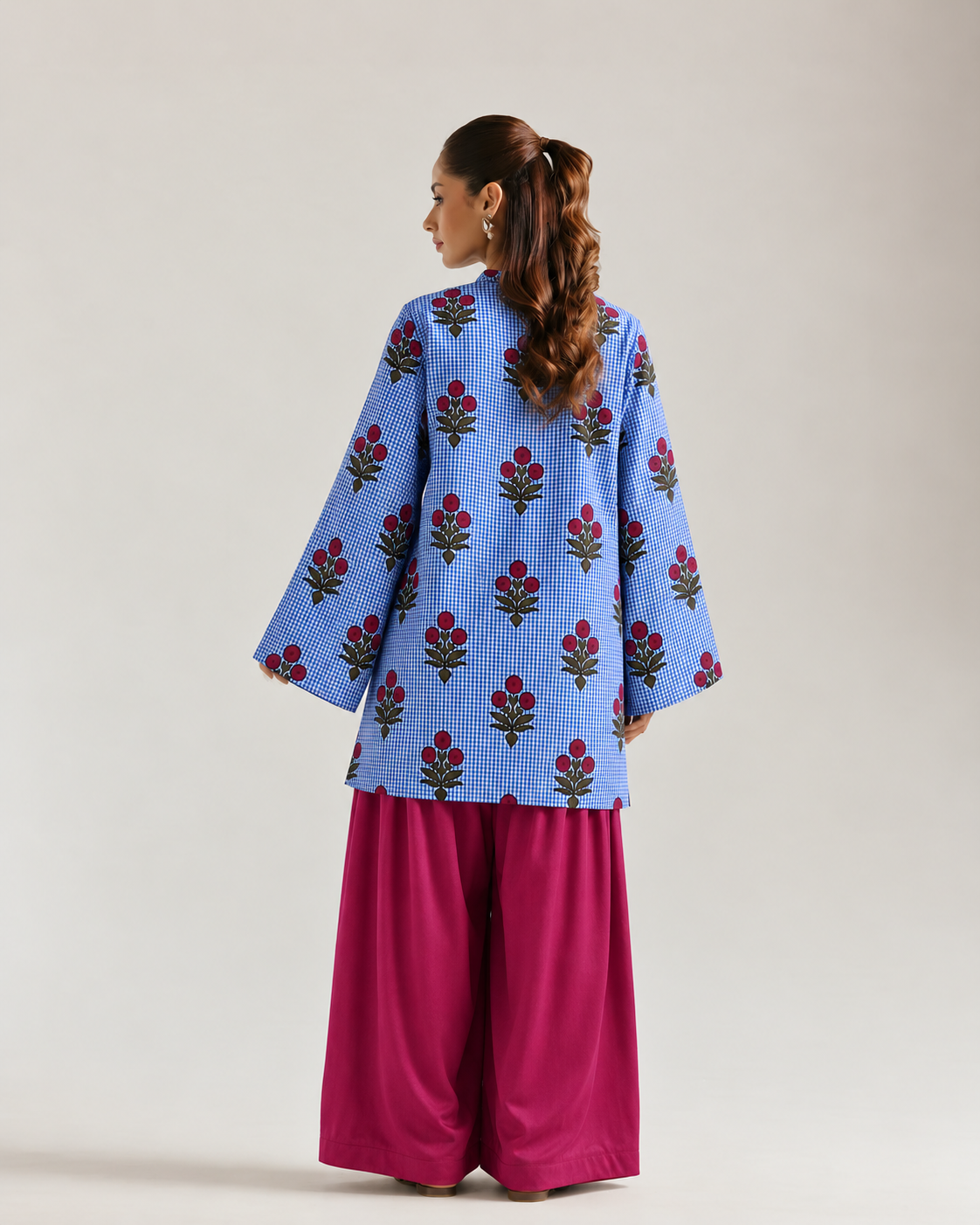 Blue Gingham Bloom Farsi Salwar Co-ord Set for Women - back