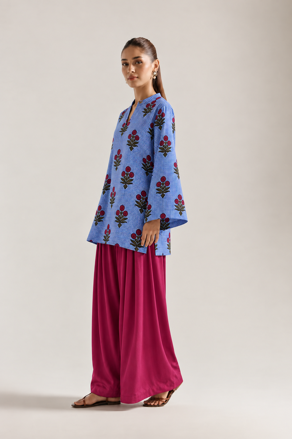 Blue Gingham Bloom Farsi Salwar Co-ord Set for Women - side