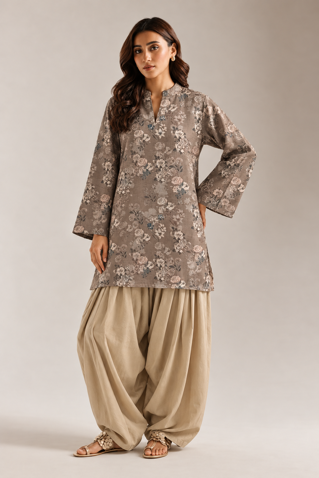Brown Vintage Floral Tunic & Beige Farshi Salwar Co-Ord Set For Women