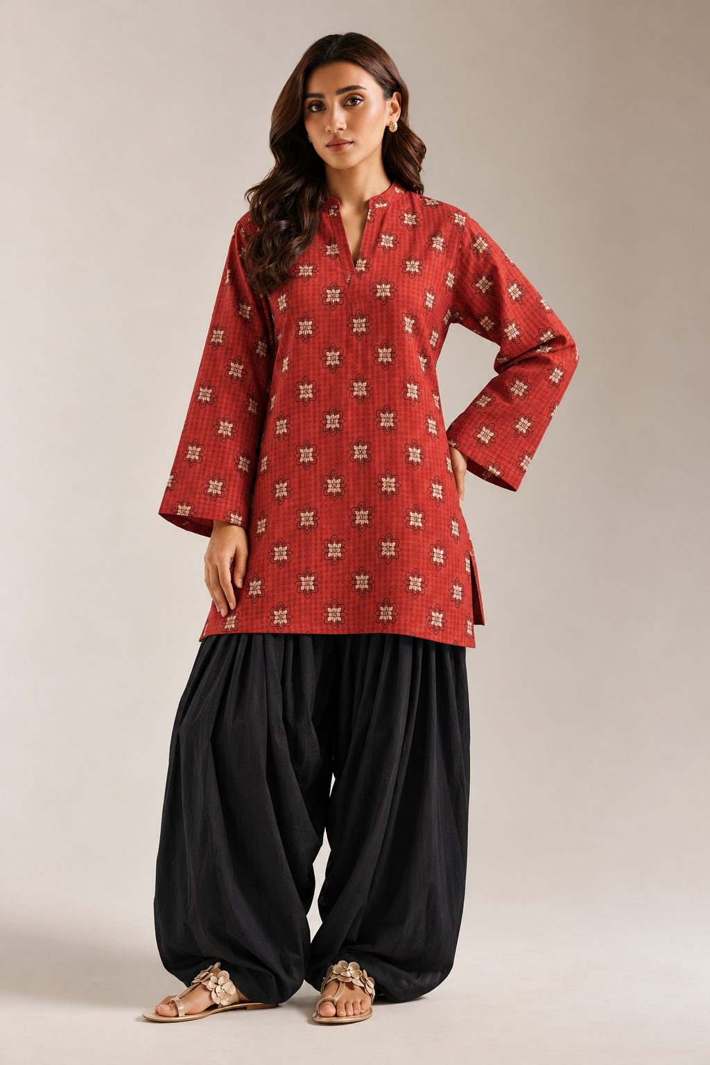 Red & Black Geometric Printed Tunic & Solid Farshi Salwar Co-Ord Set For Women