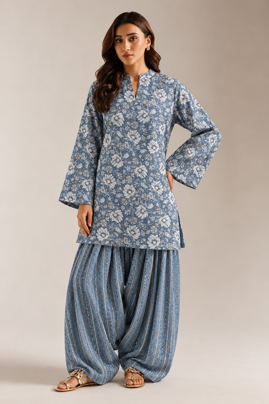 Blue Indigo Geometric Print Tunic & Striped Farshi Salwar Co-Ord Set