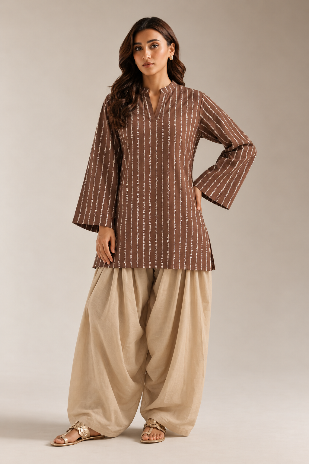 Brown & Beige Striped Tunic & Farshi Salwar Co-Ord Set For Women
