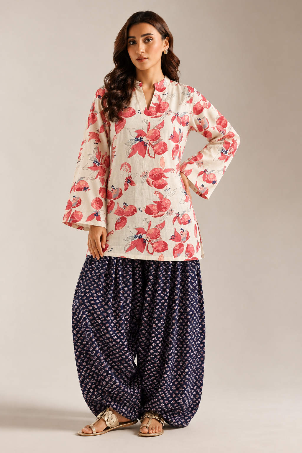 Pink & White Floral Tunic & Indigo Farshi Salwar Co-Ord Set For Women