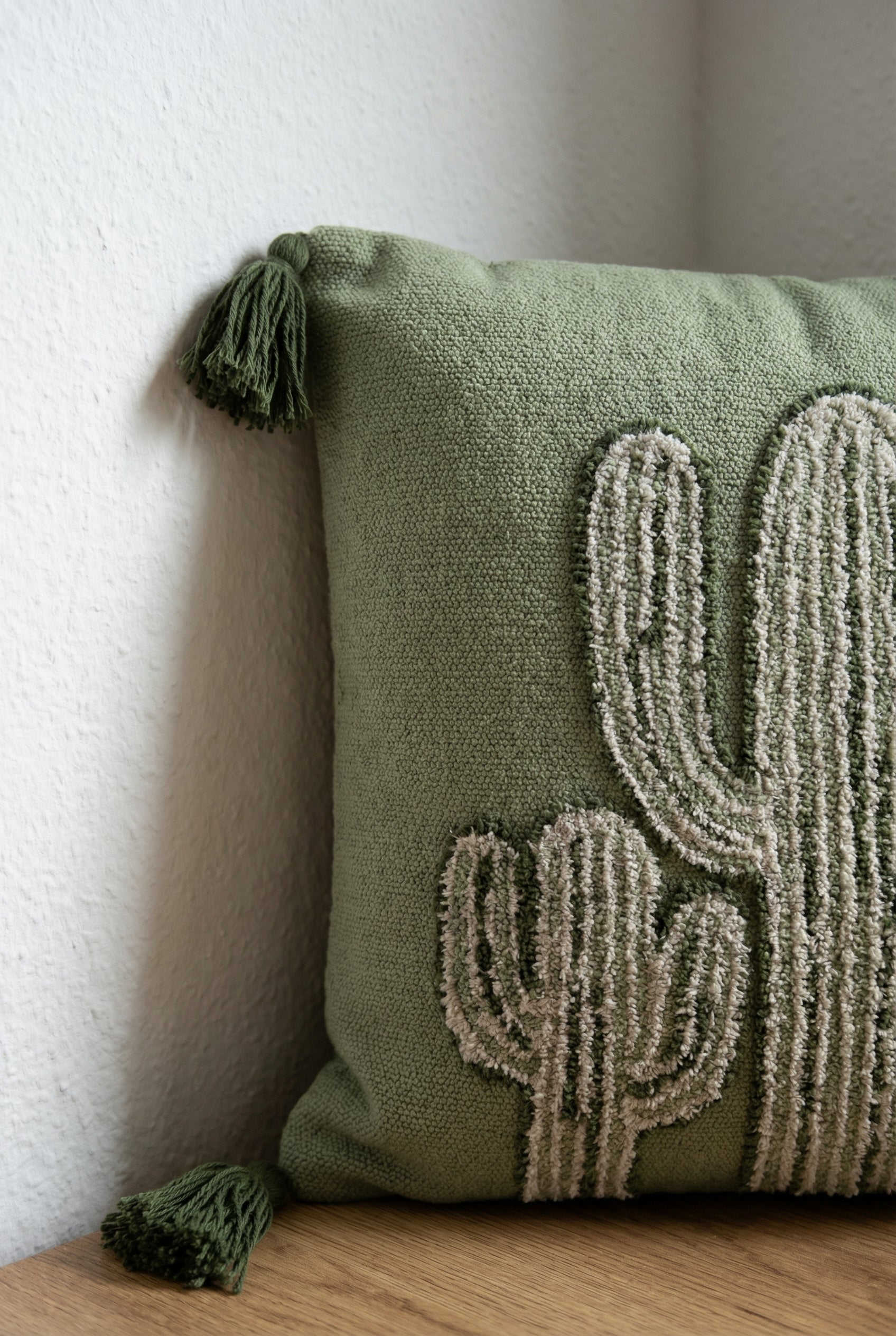 Green & Beige Embroidered Cotton Squared Cushion Cover with Tassel