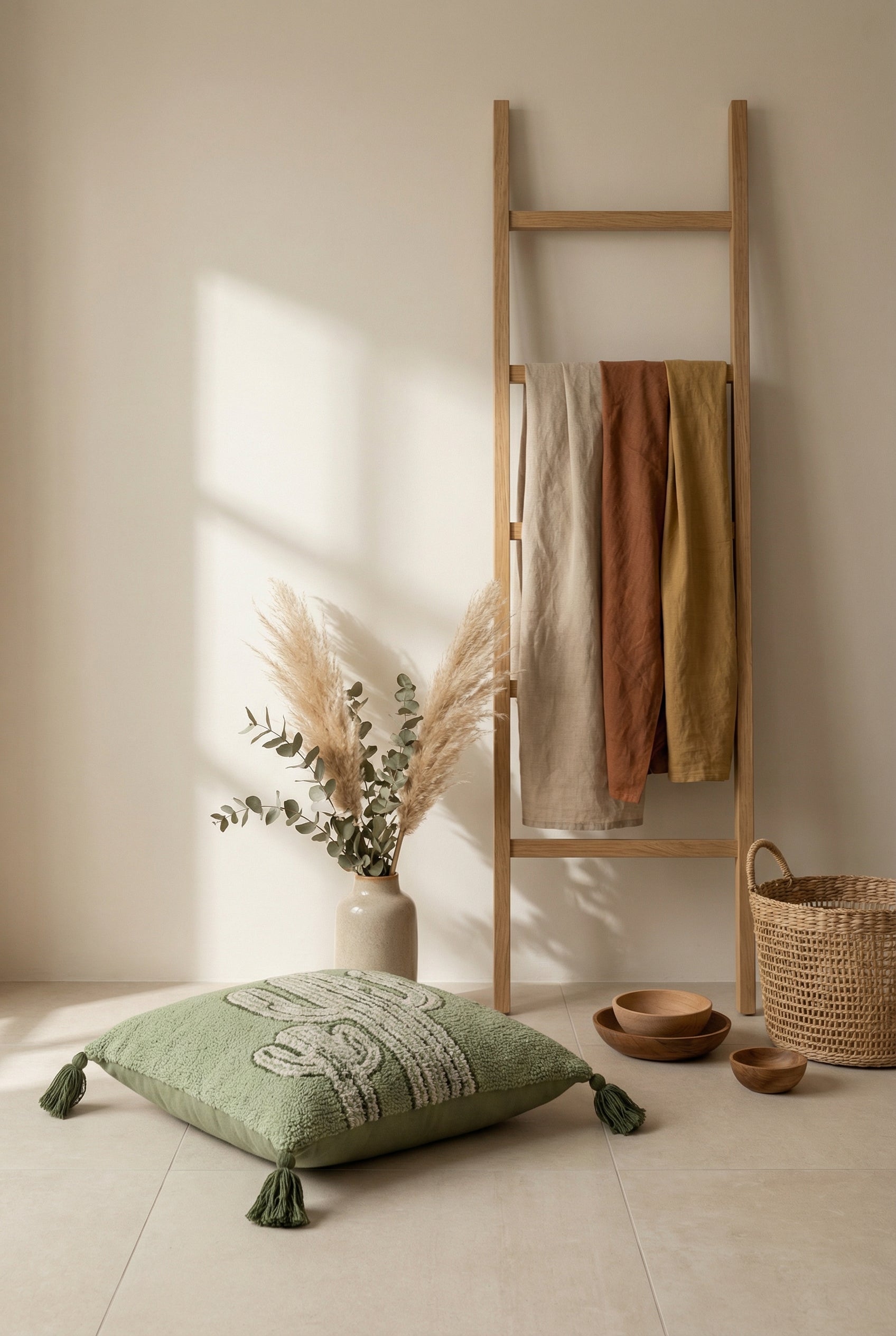 Green & Beige Embroidered Cotton Squared Cushion Cover with Tassel