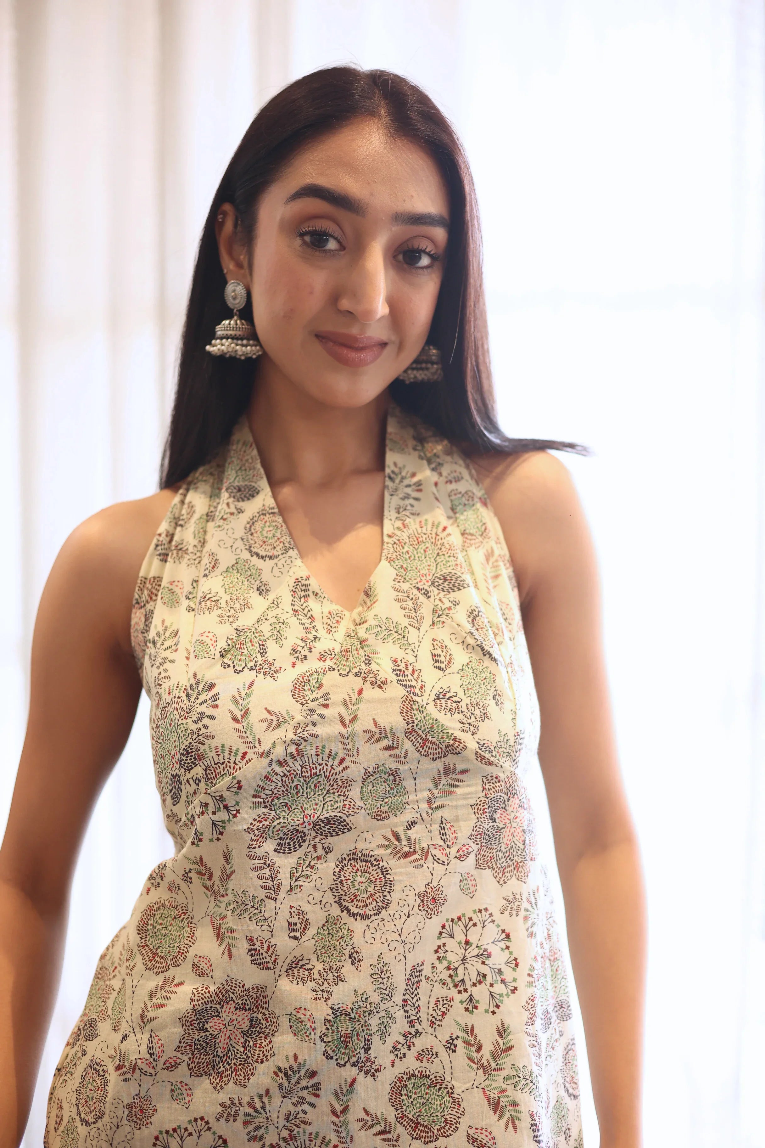 Beige Solid Cotton Tie-Up Neck Top for Women - SanskrutiHomes 