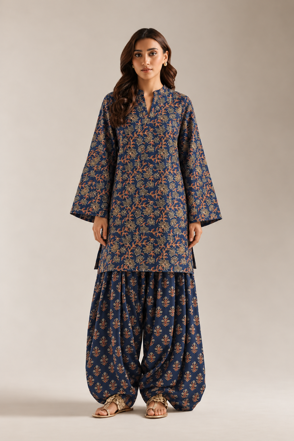 Navy Blue Floral Block Printed Farshi Salwar Co-Ord Set For Women