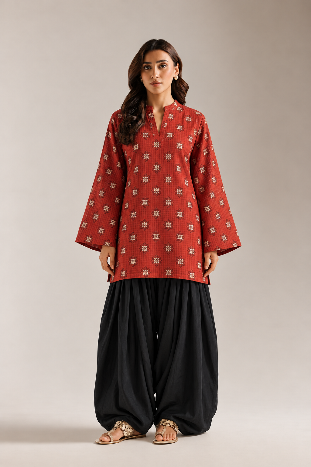 Red & Black Geometric Printed Tunic & Solid Farshi Salwar Co-Ord Set For Women