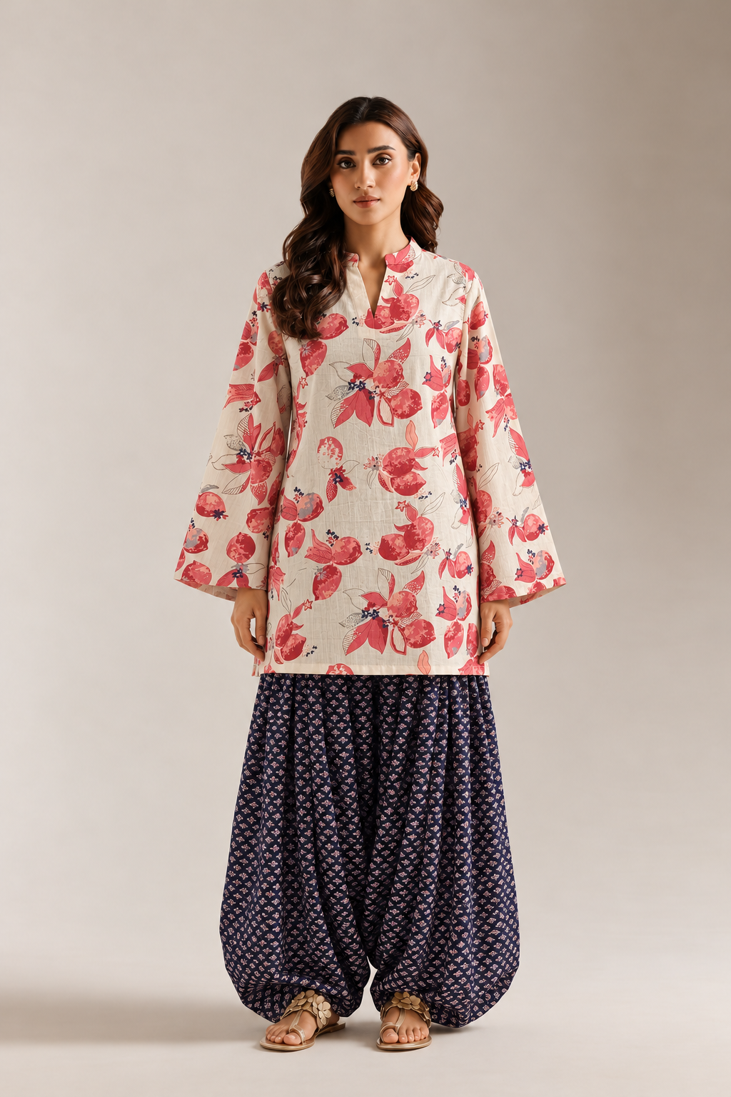 Pink & White Floral Tunic & Indigo Farshi Salwar Co-Ord Set For Women