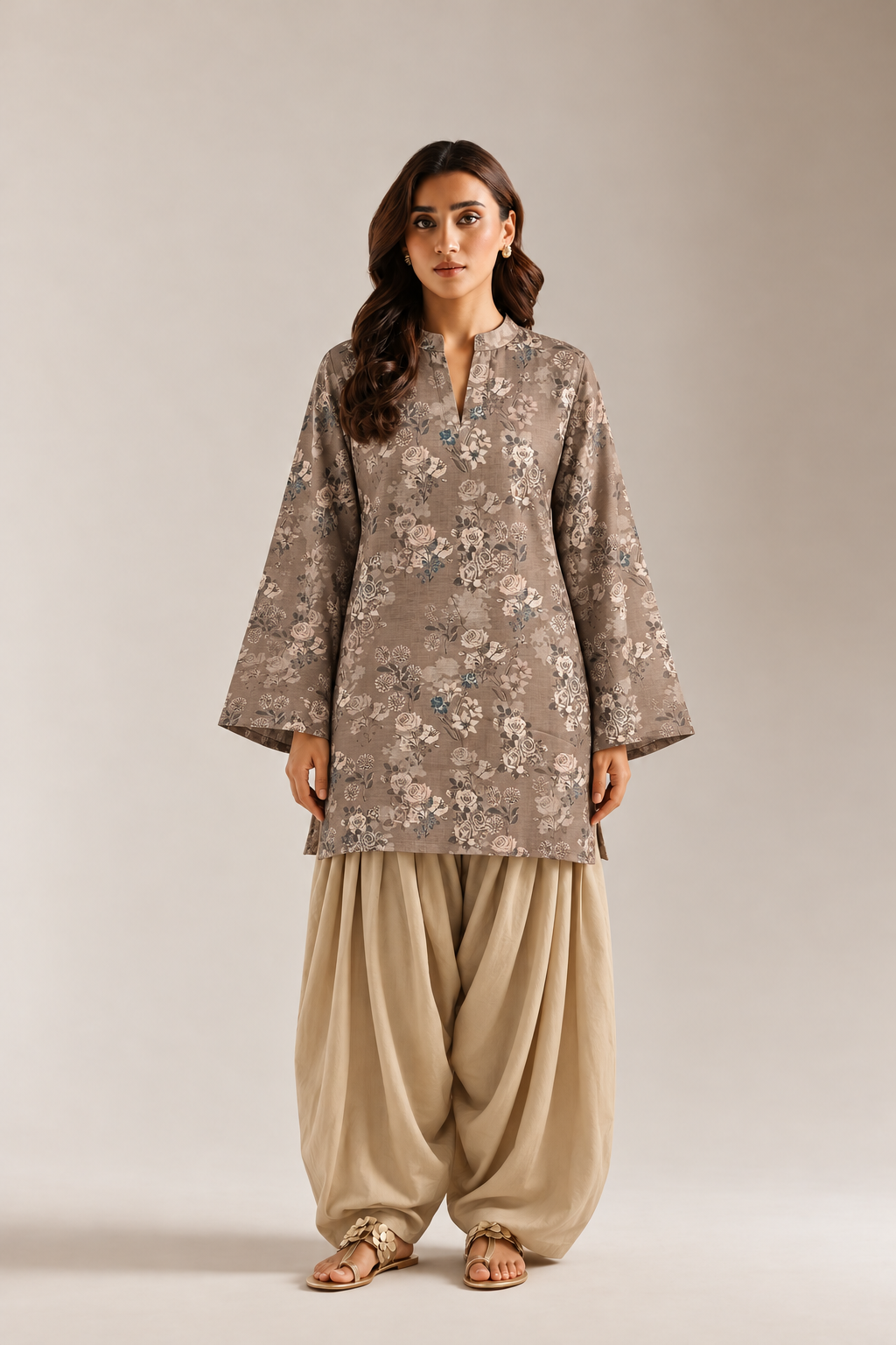 Brown Vintage Floral Tunic & Beige Farshi Salwar Co-Ord Set For Women