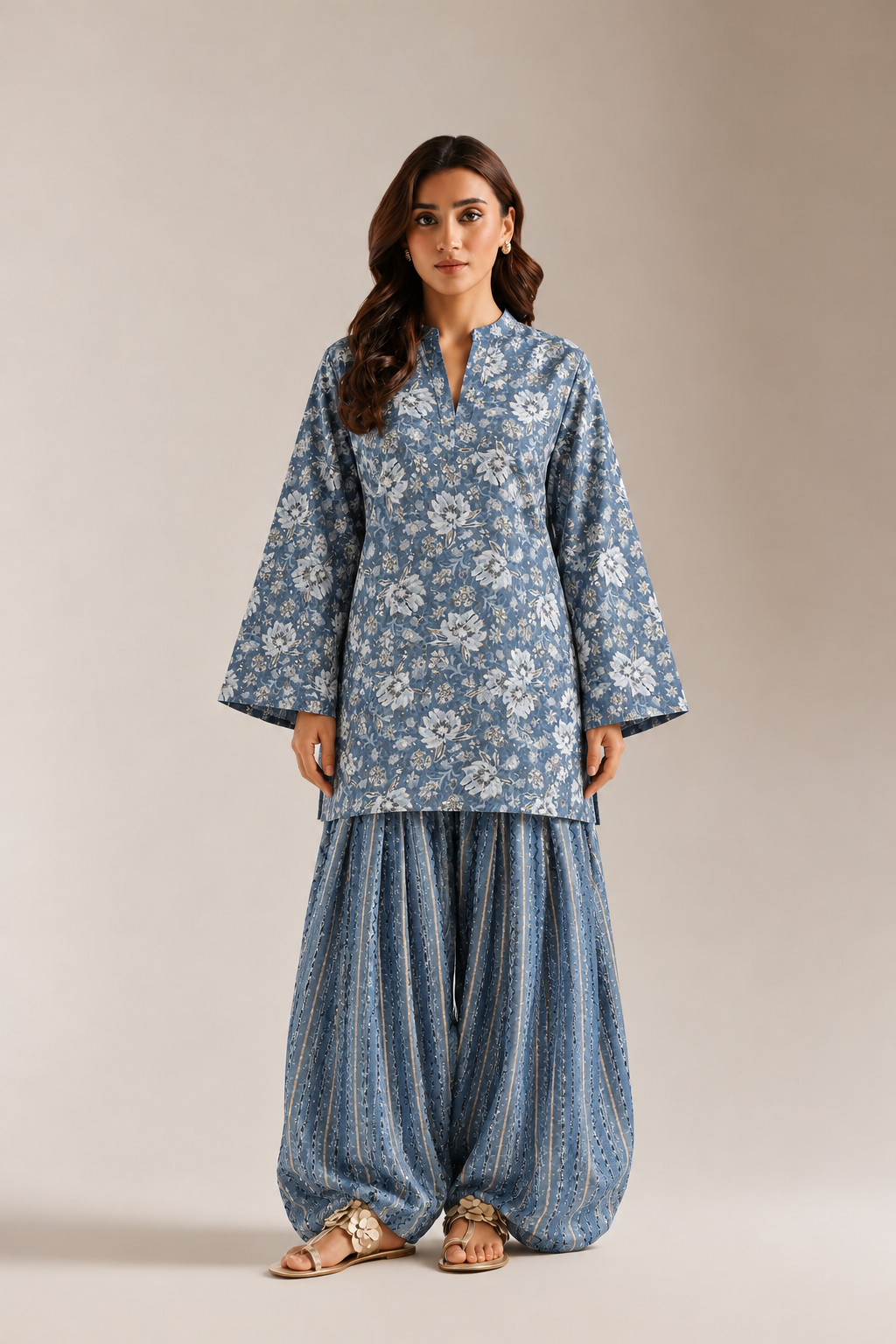 Blue Indigo Geometric Print Tunic & Striped Farshi Salwar Co-Ord Set