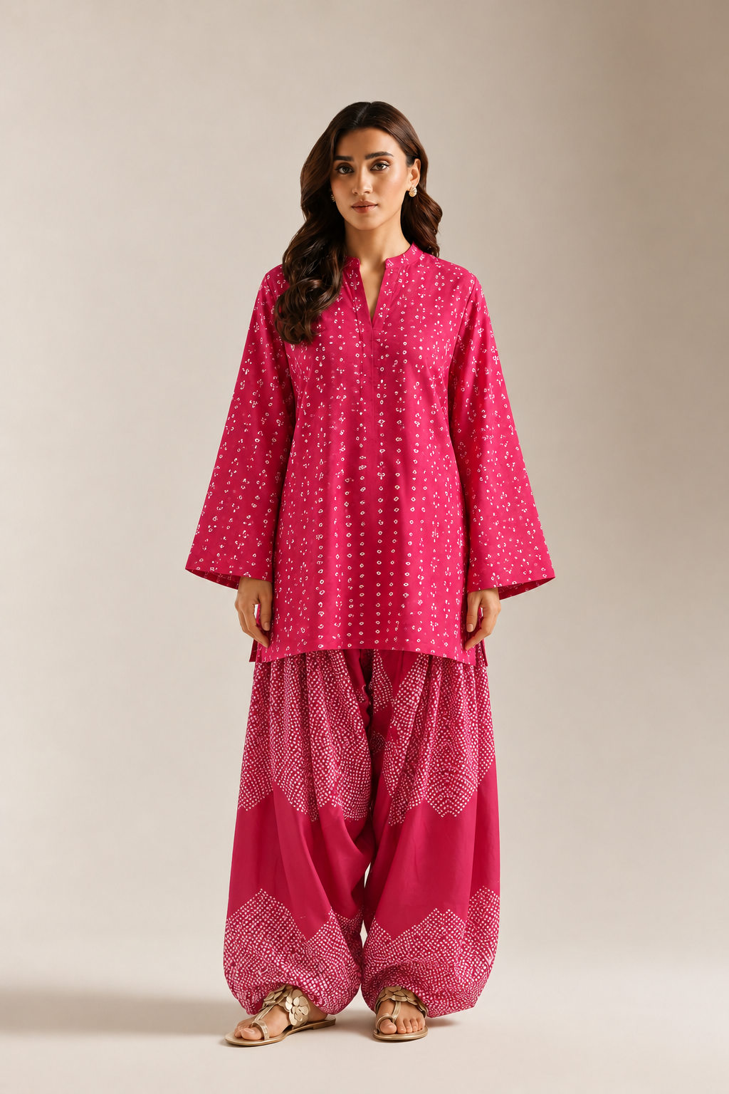 Pink Bandhani Print Mandarin Neck Tunic & Farshi Salwar Co-Ord Set For Woomen