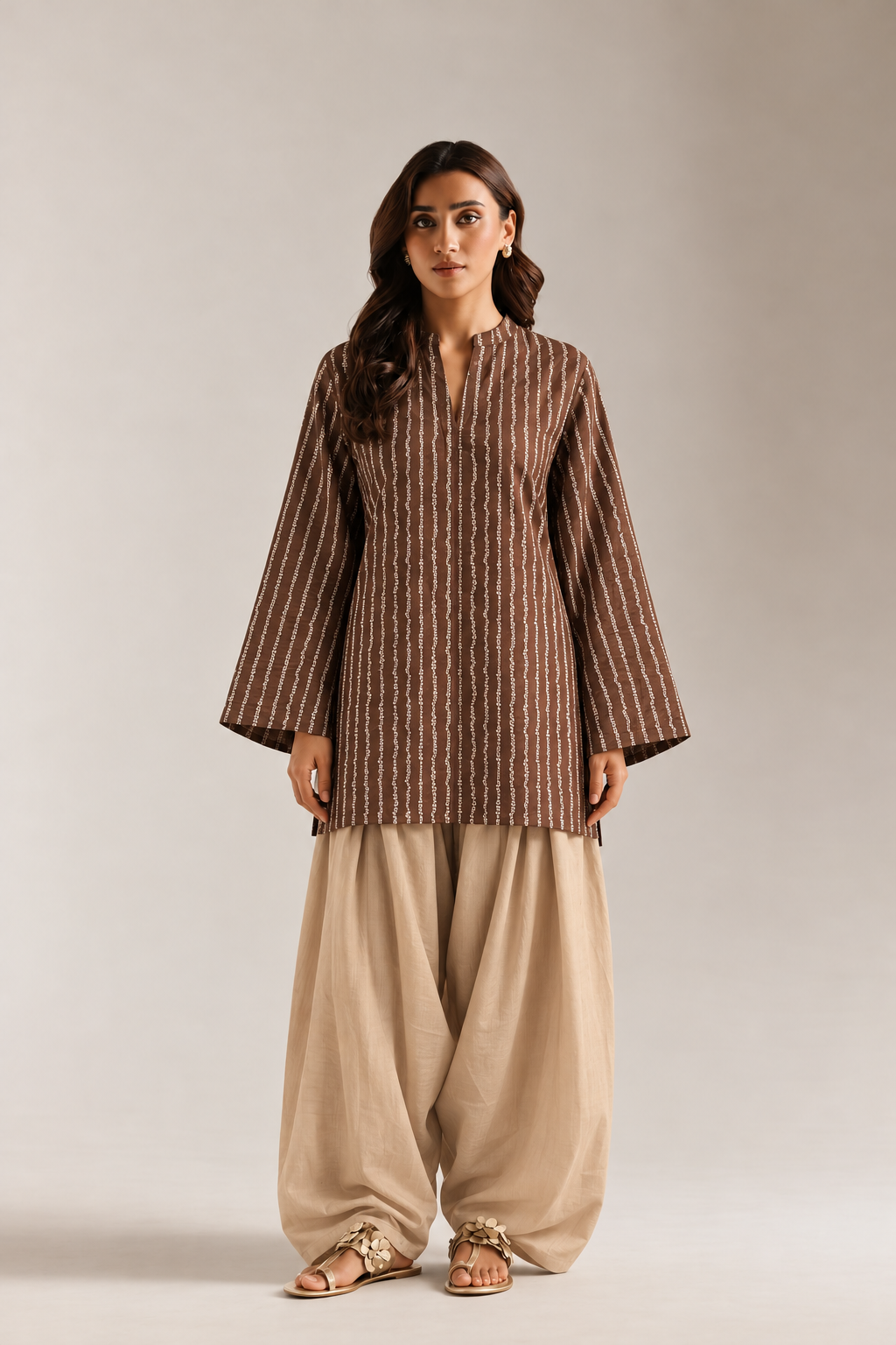 Brown & Beige Striped Tunic & Farshi Salwar Co-Ord Set For Women