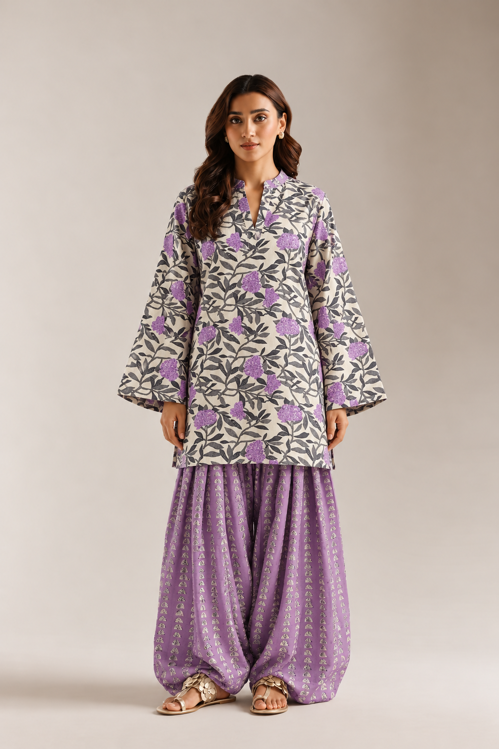 Purple Mandarin Neck Floral Print Tunic & Farshi Salwar Co-Ord Set For Women