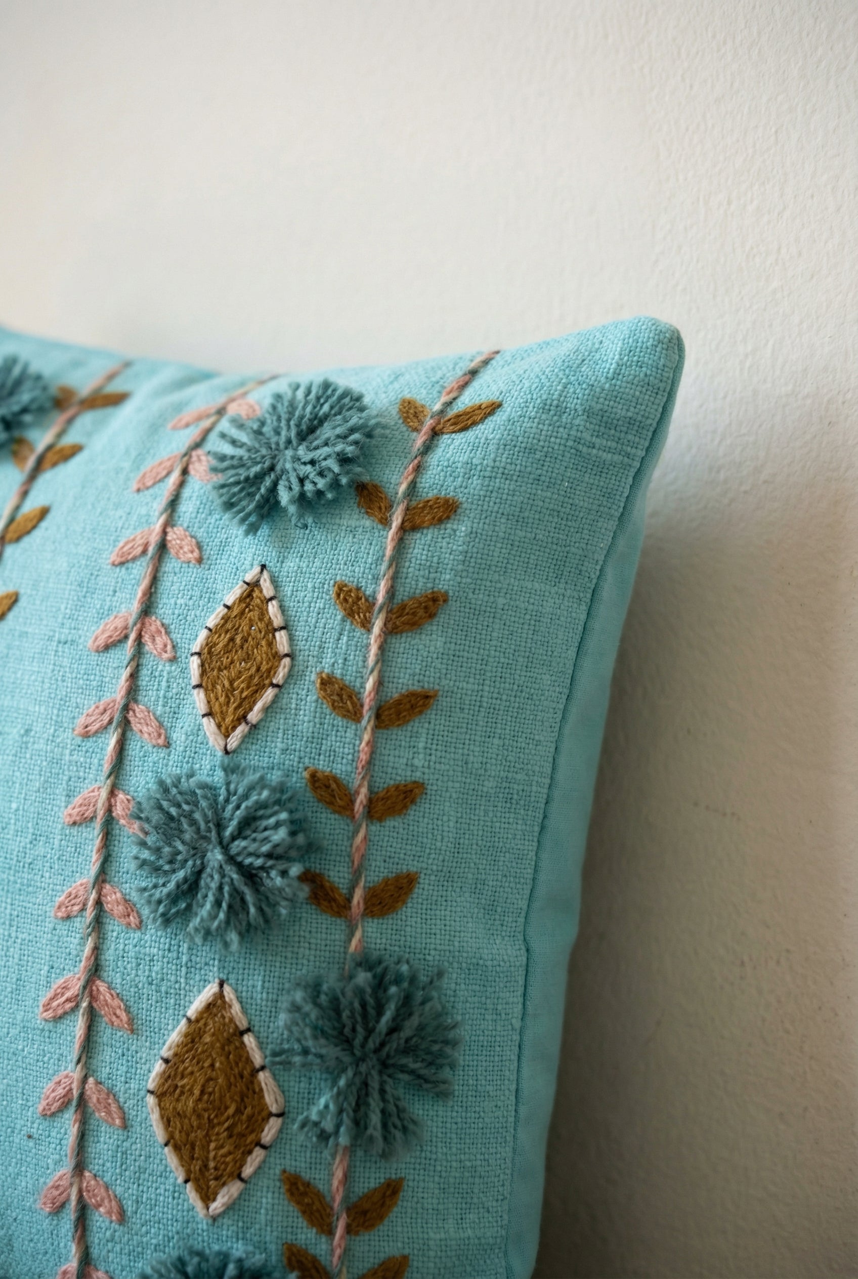 Turquoise Blue Embroidered Cotton Cushion Cover With Floral Motifs