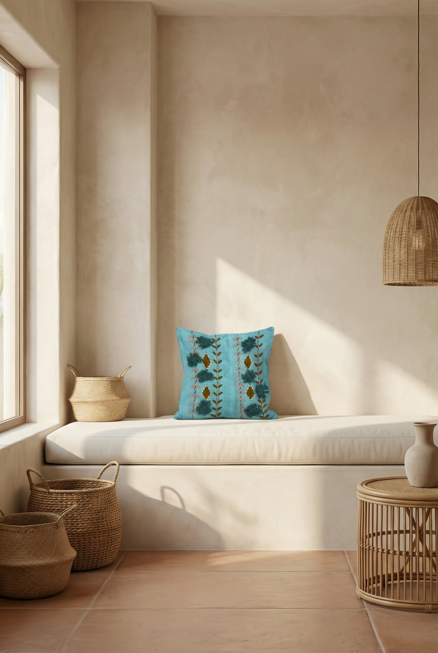 Turquoise Blue Embroidered Cotton Cushion Cover With Floral Motifs