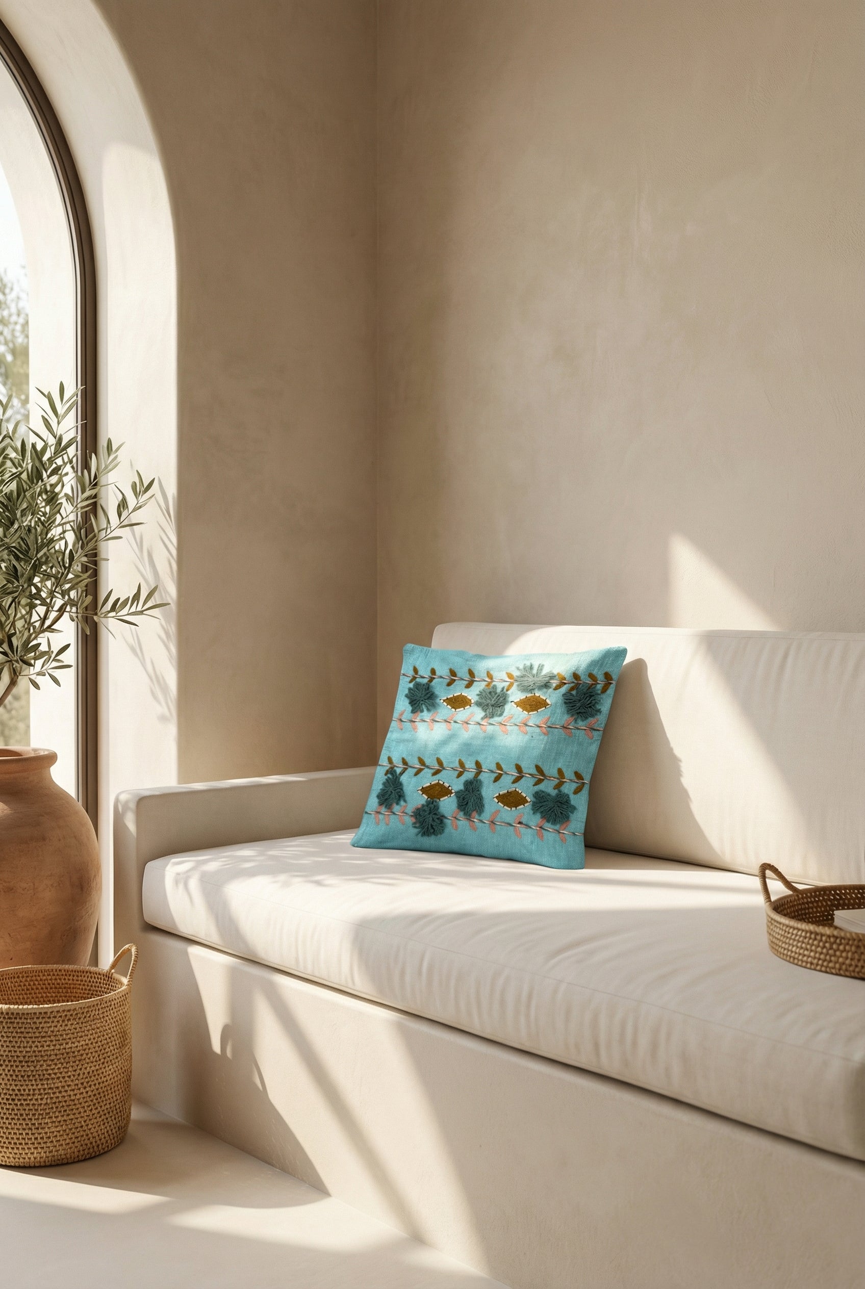 Turquoise Blue Embroidered Cotton Cushion Cover With Floral Motifs