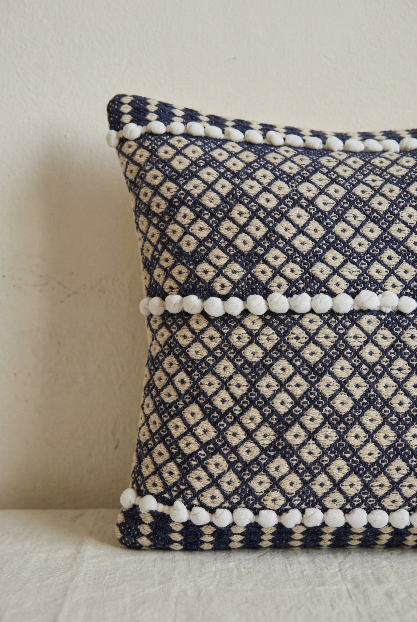 Blue Geometric Embroidered Squared Cushion Cover with Pom-Pom Detailing