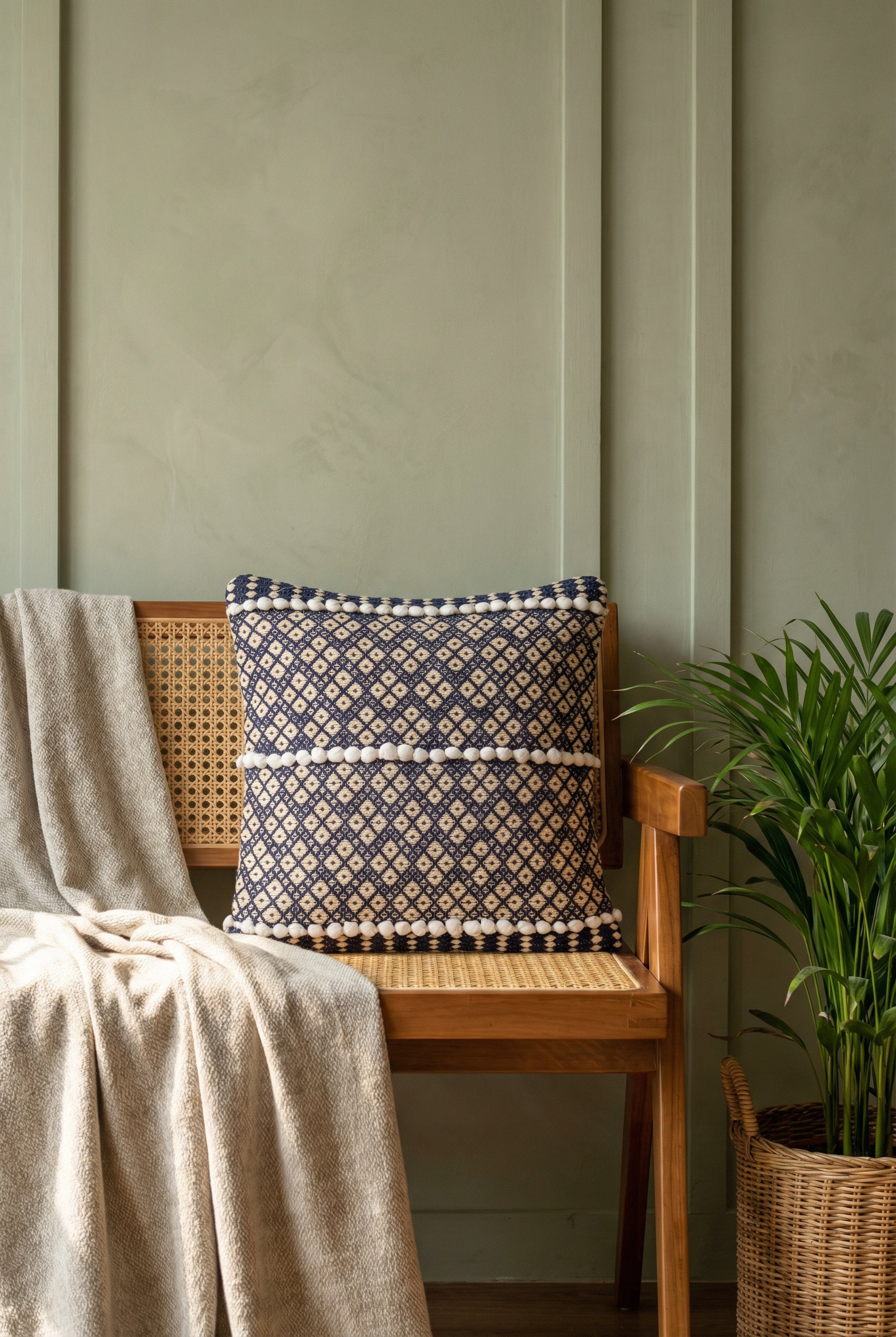 Blue Geometric Embroidered Squared Cushion Cover with Pom-Pom Detailing